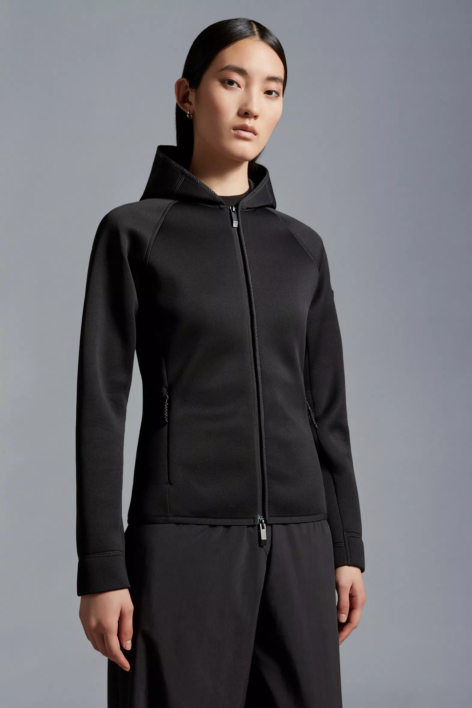 Black Neoprene Zip-Up Hoodie - Sweatshirts for Women | Moncler US