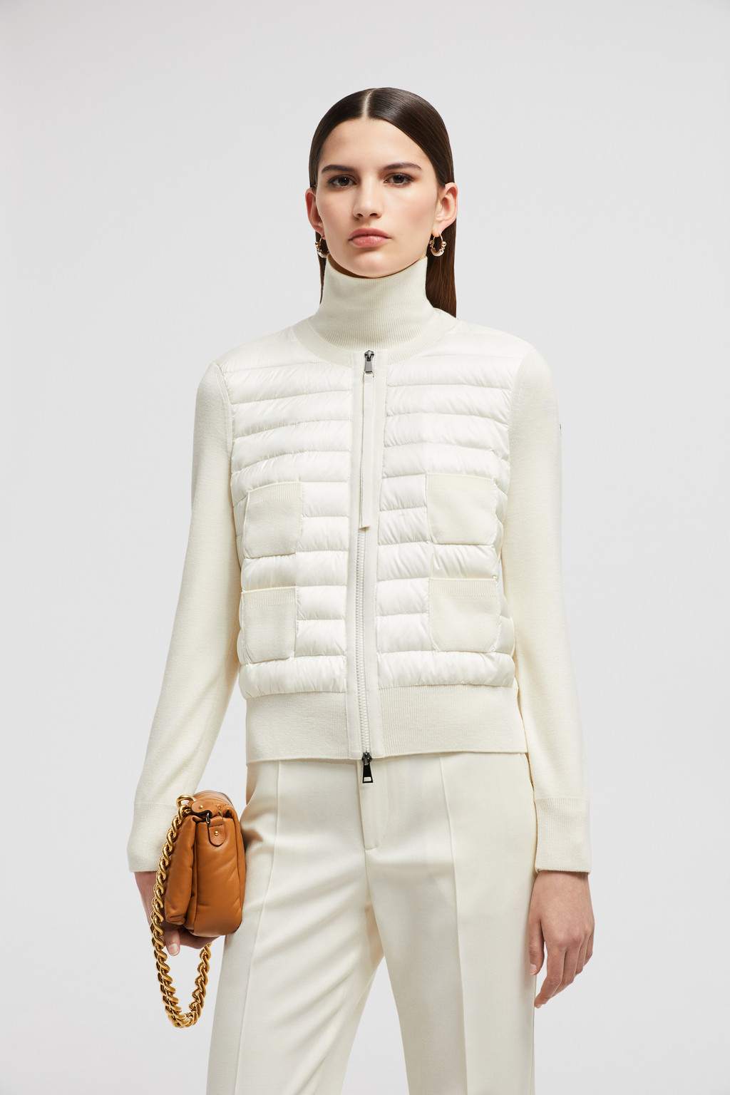 白色女士羊毛半羽绒拉链开衫- 毛衣&开衫for 女装| Moncler SG