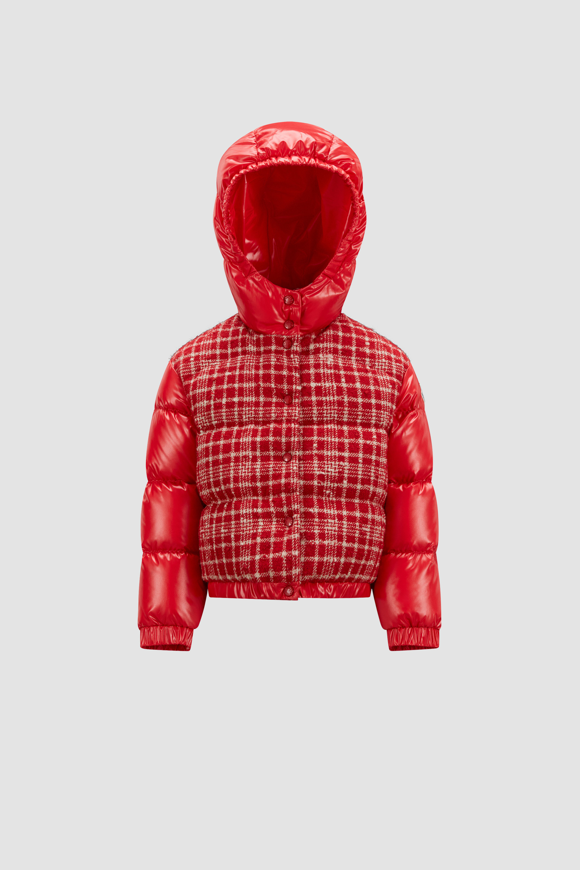 Moncler red jacket outlet with fur hood