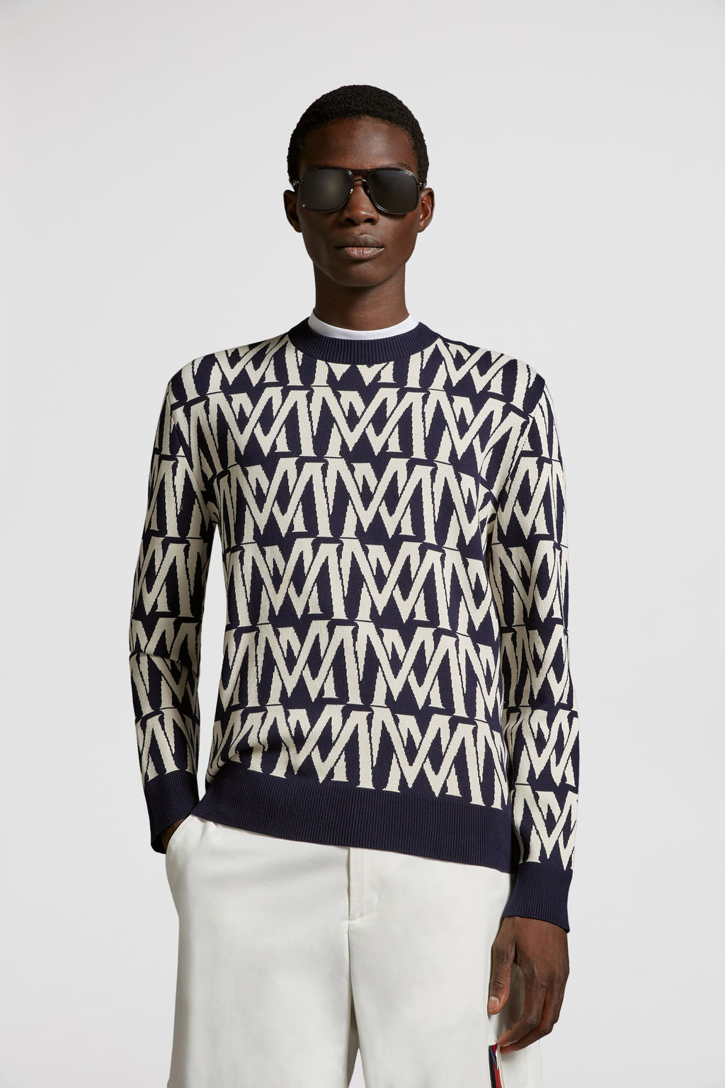 White & Light Blue Monogram Jacquard Jumper - Sweaters & Cardigans for ...