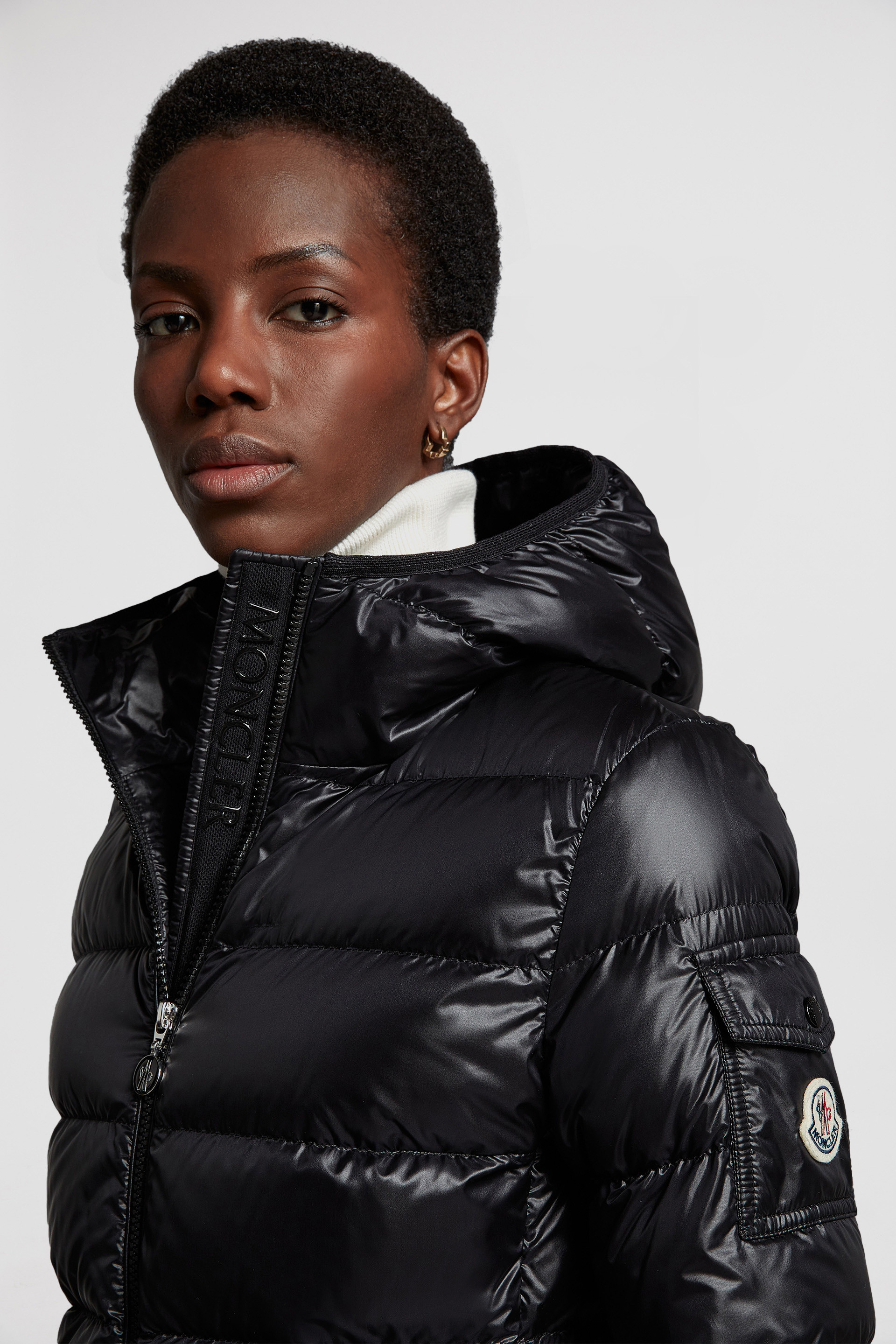 Shiny moncler outlet with fur hood