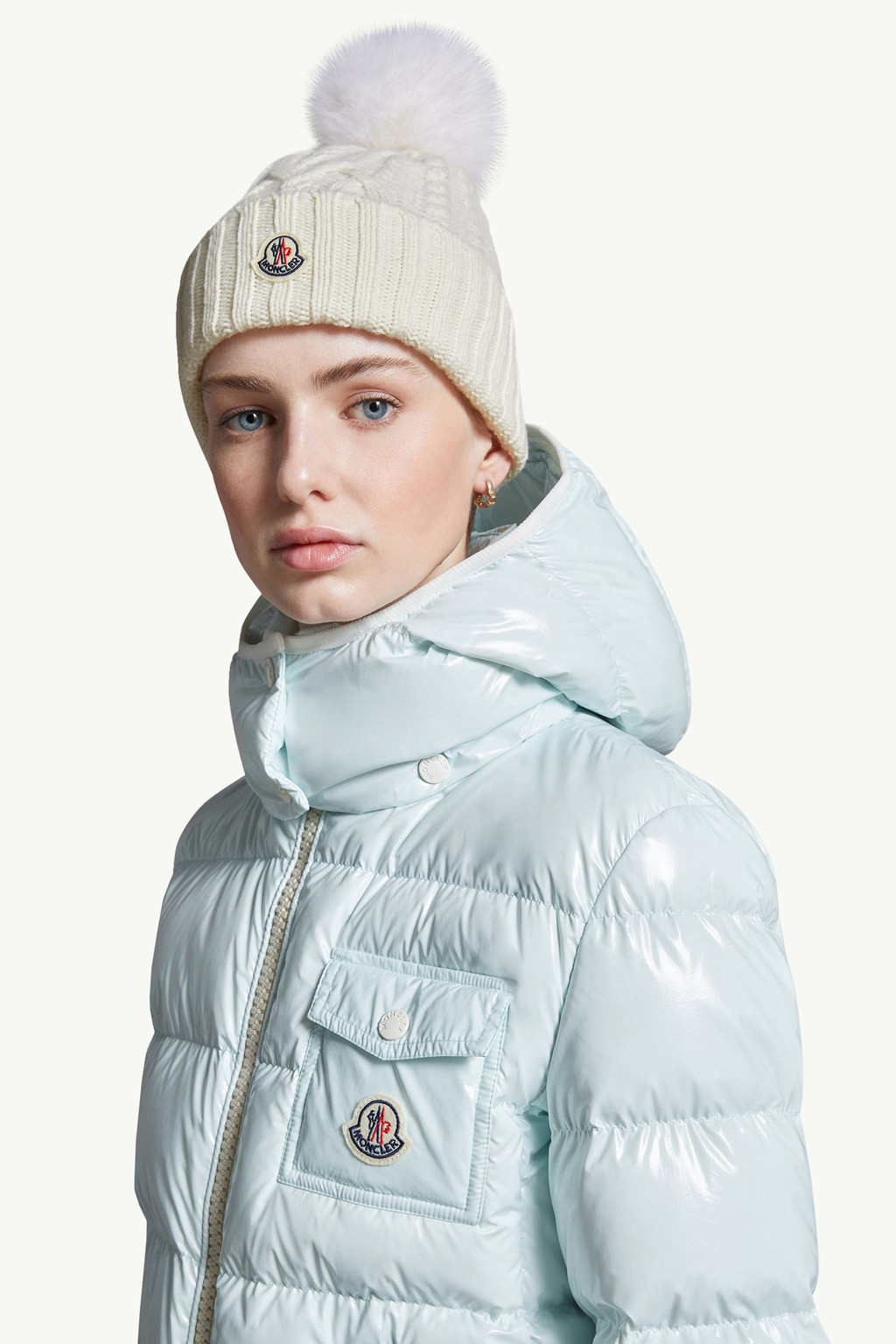 Optical White Wool & Cashmere Beanie with Pom Pom Hats & Beanies for