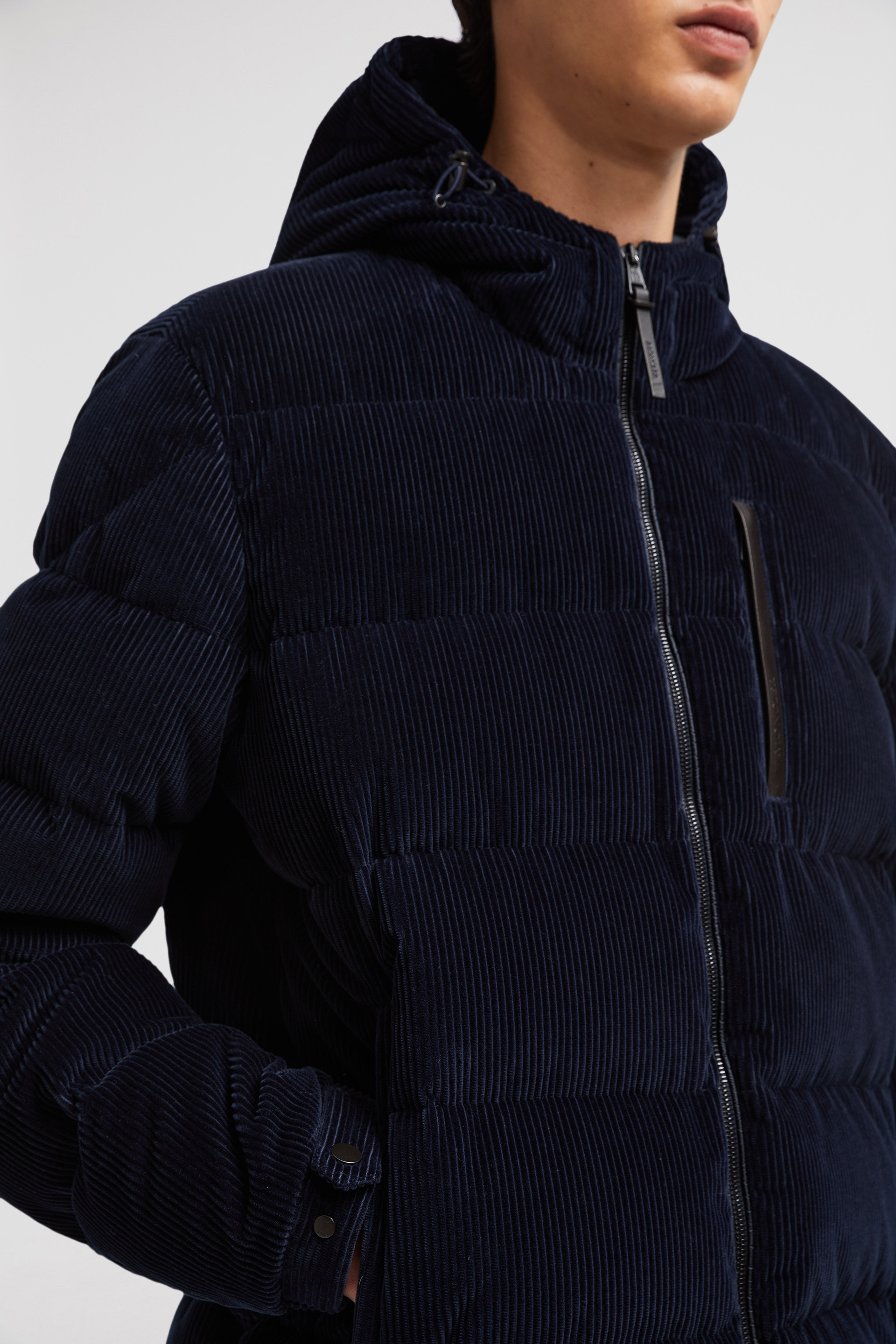 Navy Blue Vederna Hooded Corduroy Short Down Jacket Short Down Jackets for Men Moncler CH