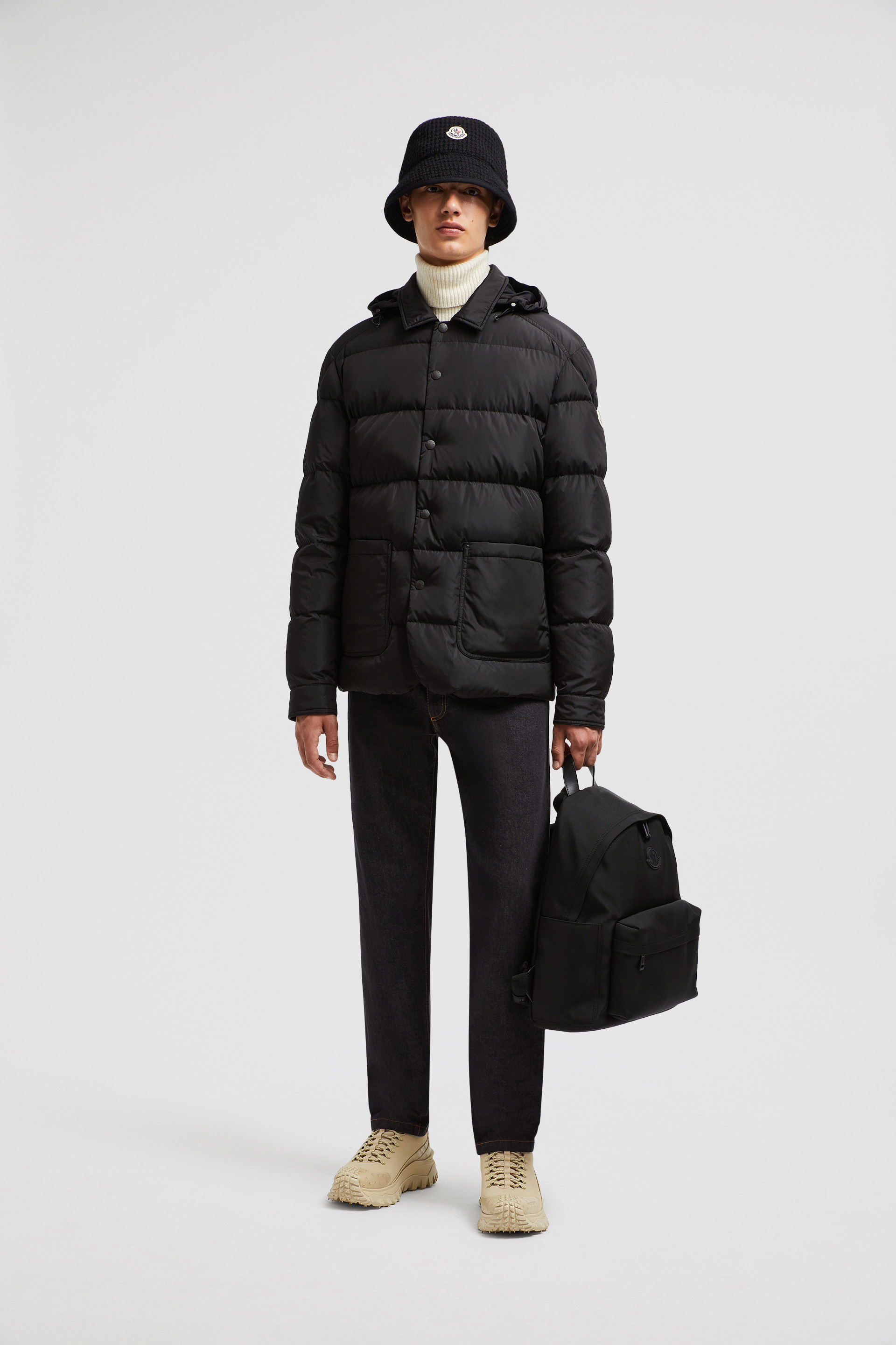 Black Ciareido Hooded Down Shirt Jacket - Short Down Jackets