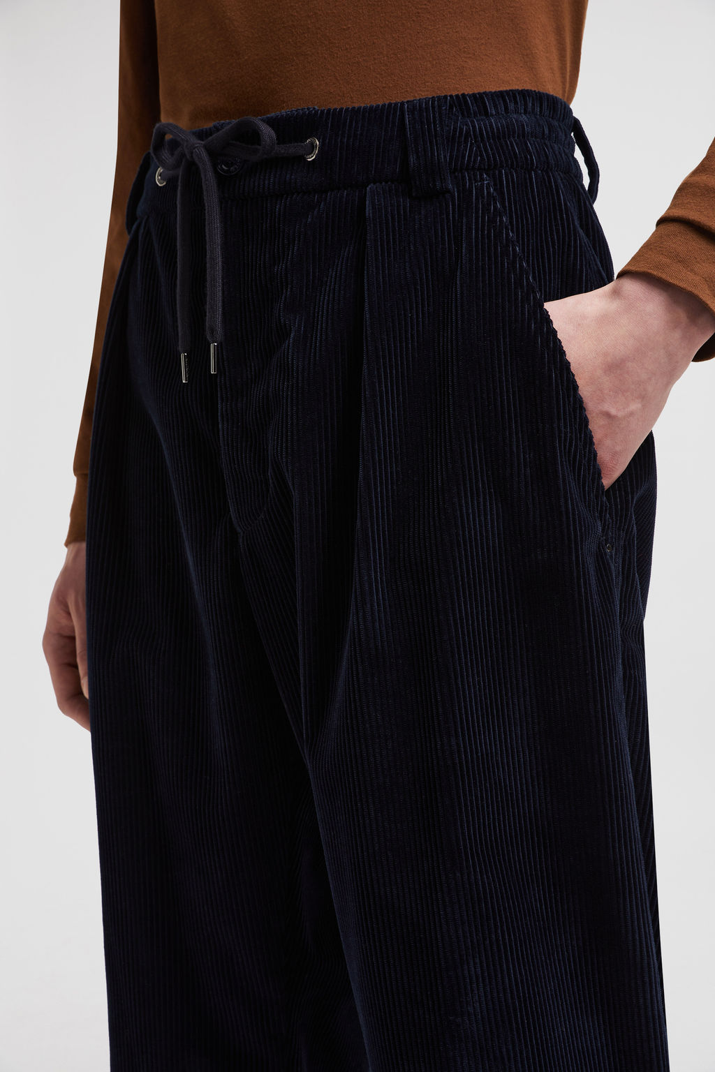Men's Corduroy Navy Blue Regular Fit Trousers with Elasticated Waist and Drawstring