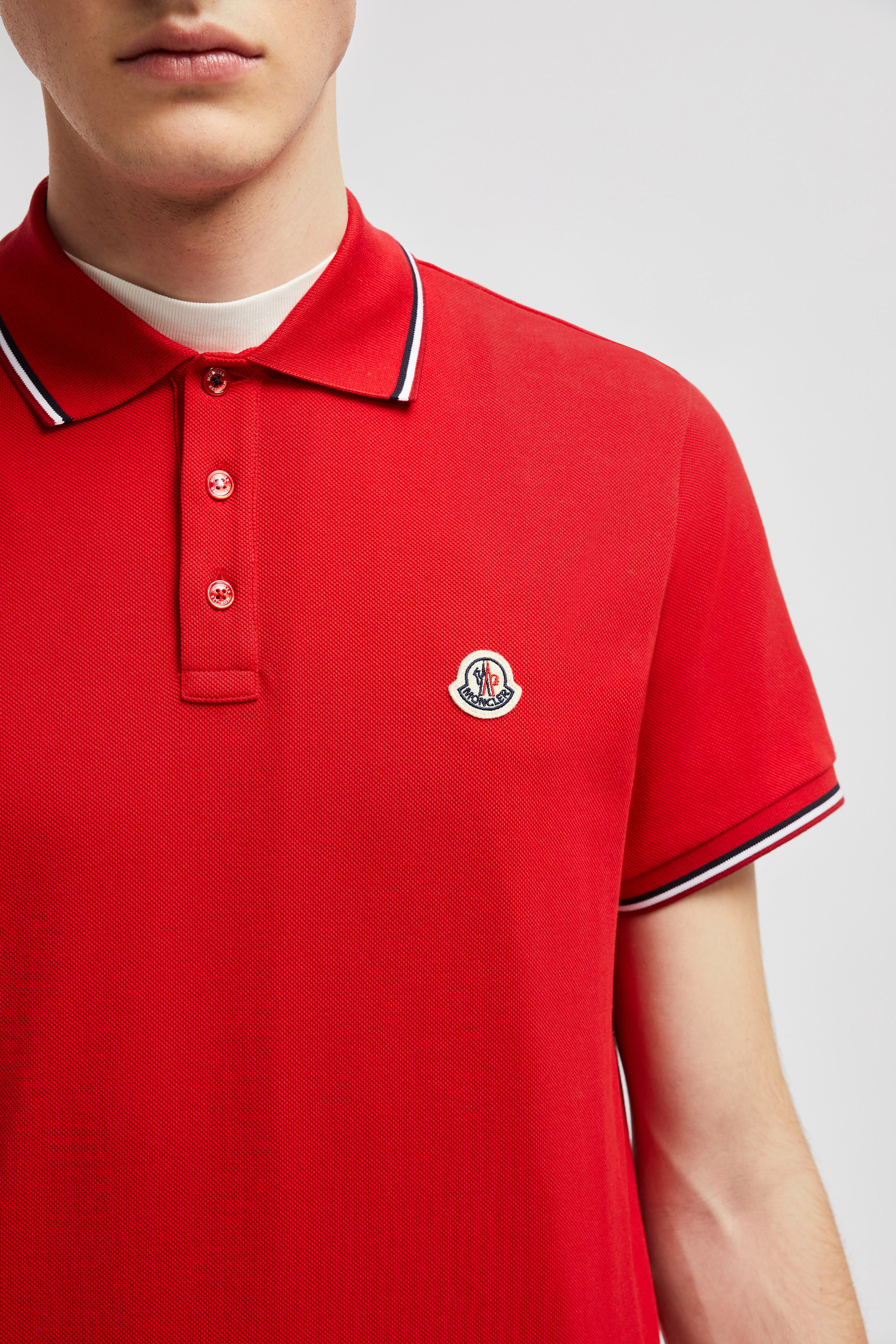 Scarlet Red Tricolor Trimmed Cotton Piquet Polo Shirt Polos T shirts for Men Moncler US