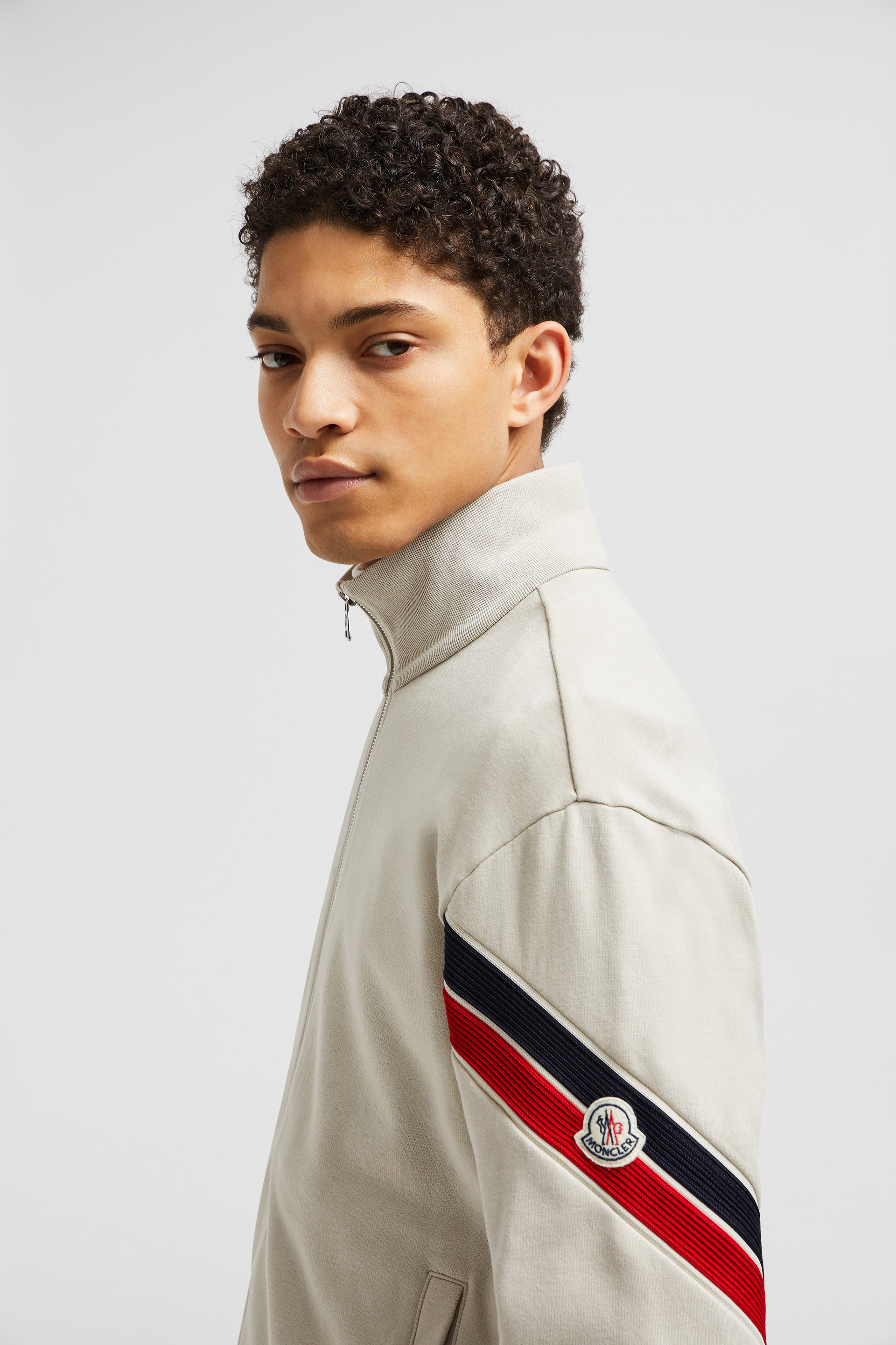 Beige Tricolor Accent Cotton Zip-Up Sweatshirt - Sweatshirts Beige Tricolor Accent Cotton Zip-Up Sweatshirt - Sweatshirts