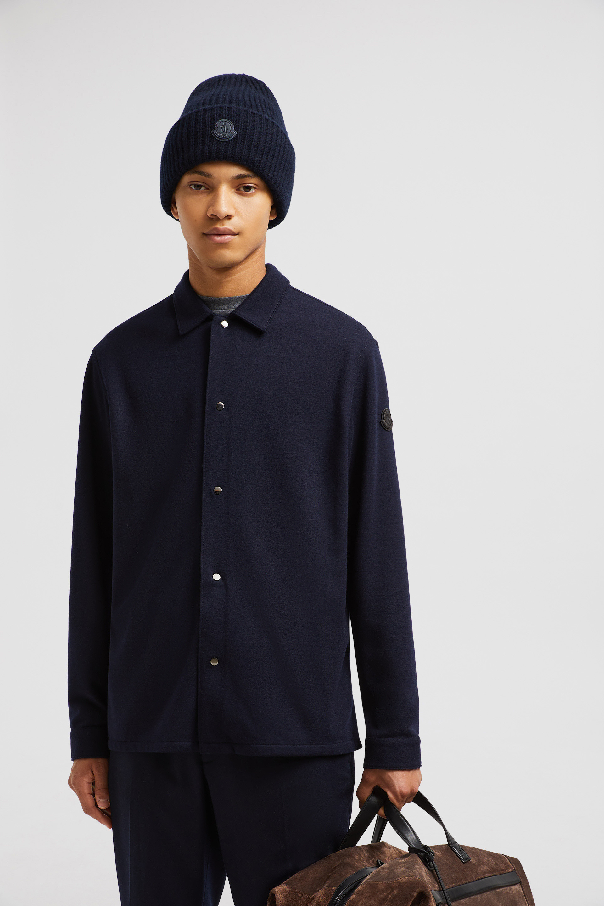 Night Blue Embroidered Logo Wool & Cotton Long Sleeve Shirt
