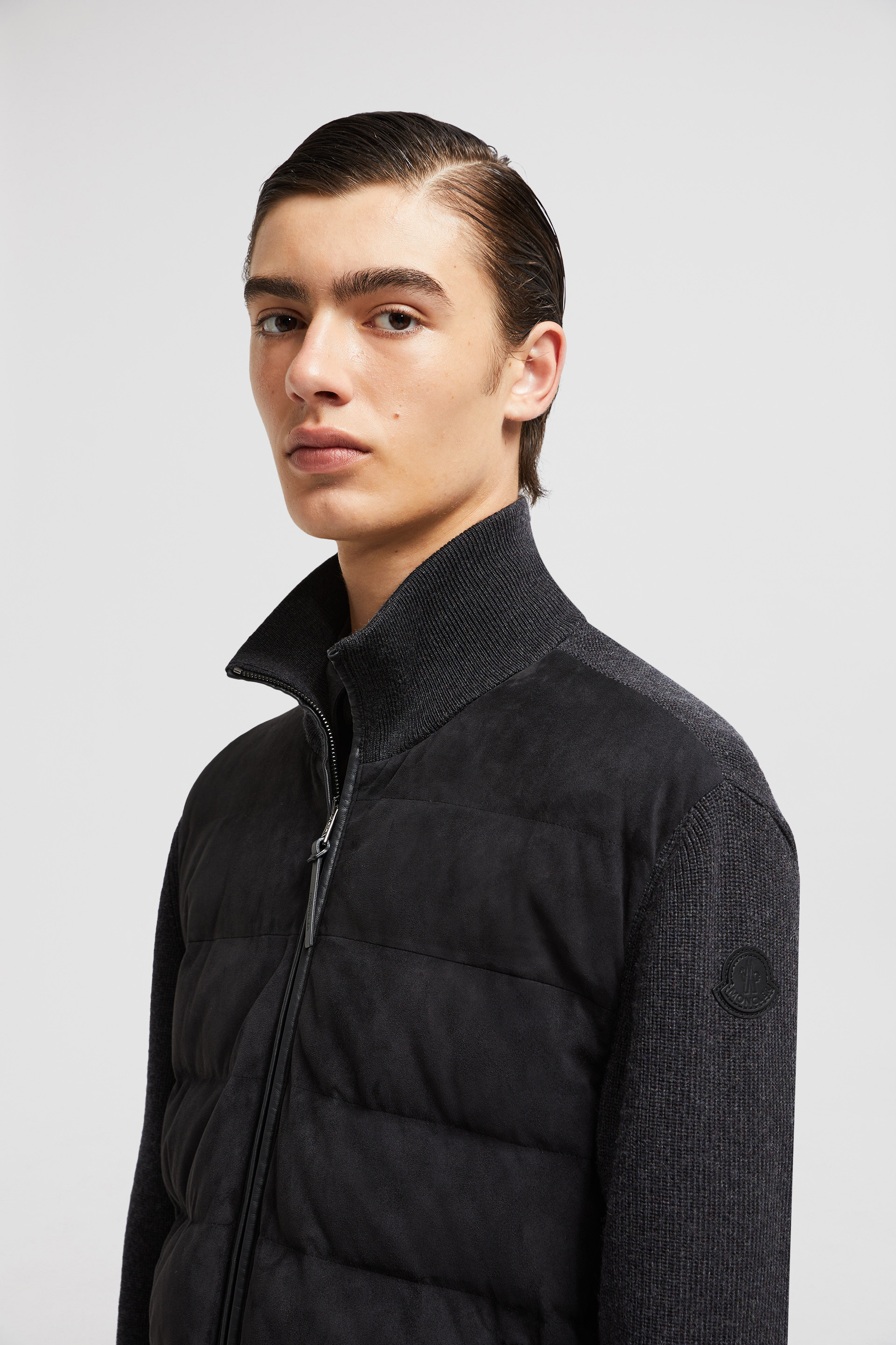 Dark Grey Padded Wool & Suede Zip-Up Cardigan - Sweaters