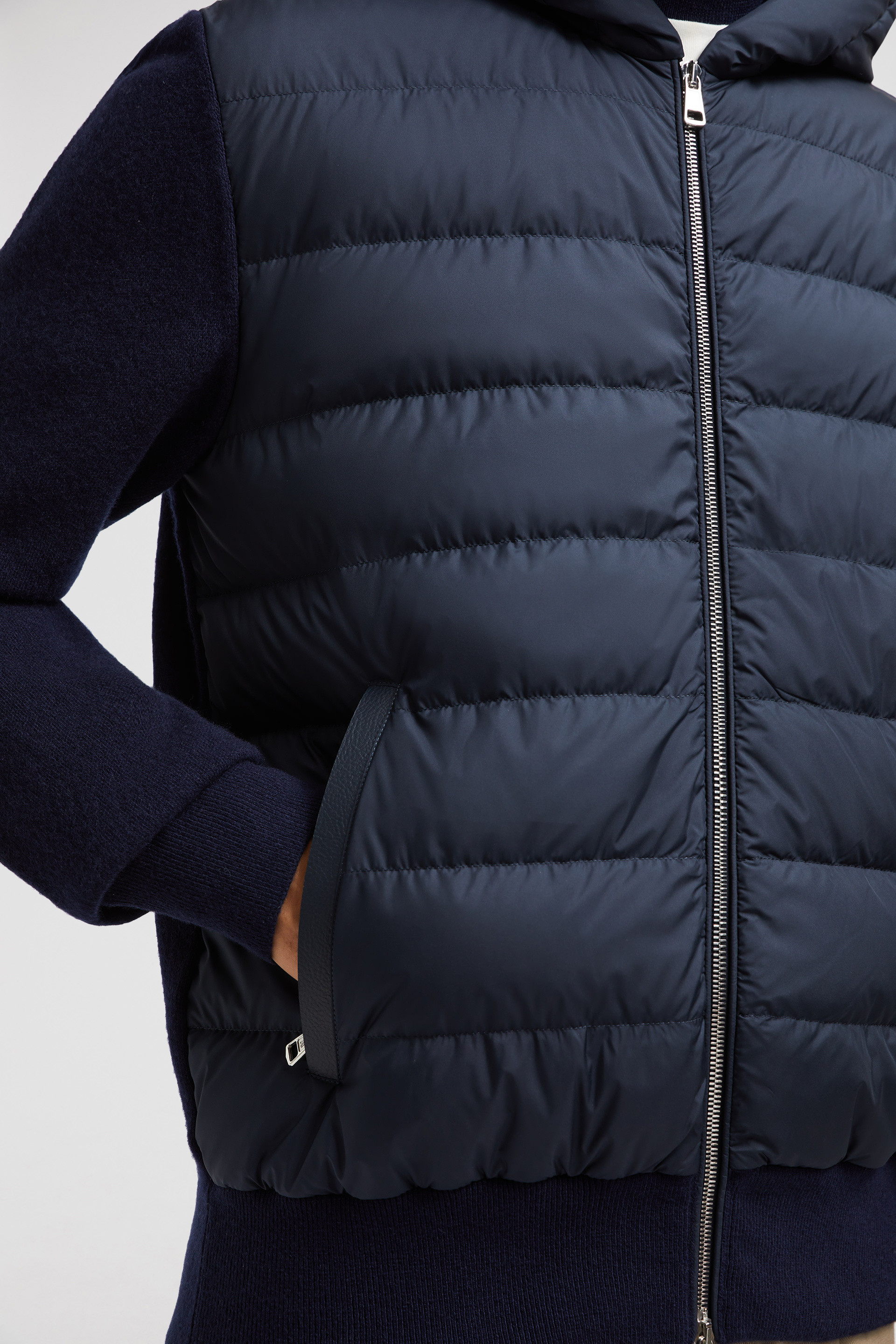 Navy Blue Wool & Cashmere Padded Zip-Up Hoodie - Sweaters