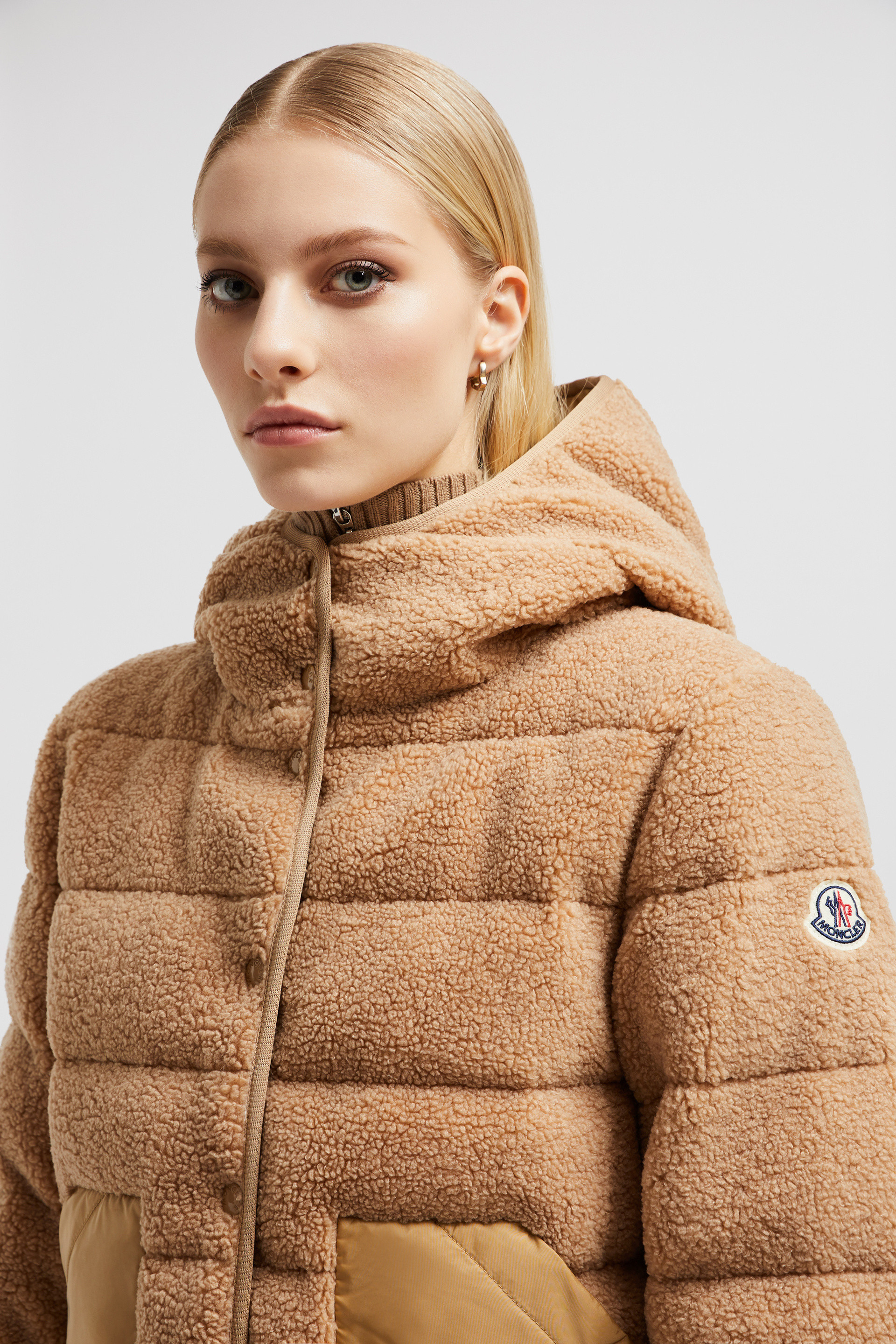 Beige Audrieu Teddy Hooded Short Down Jacket Short Down Jackets for Women Moncler US