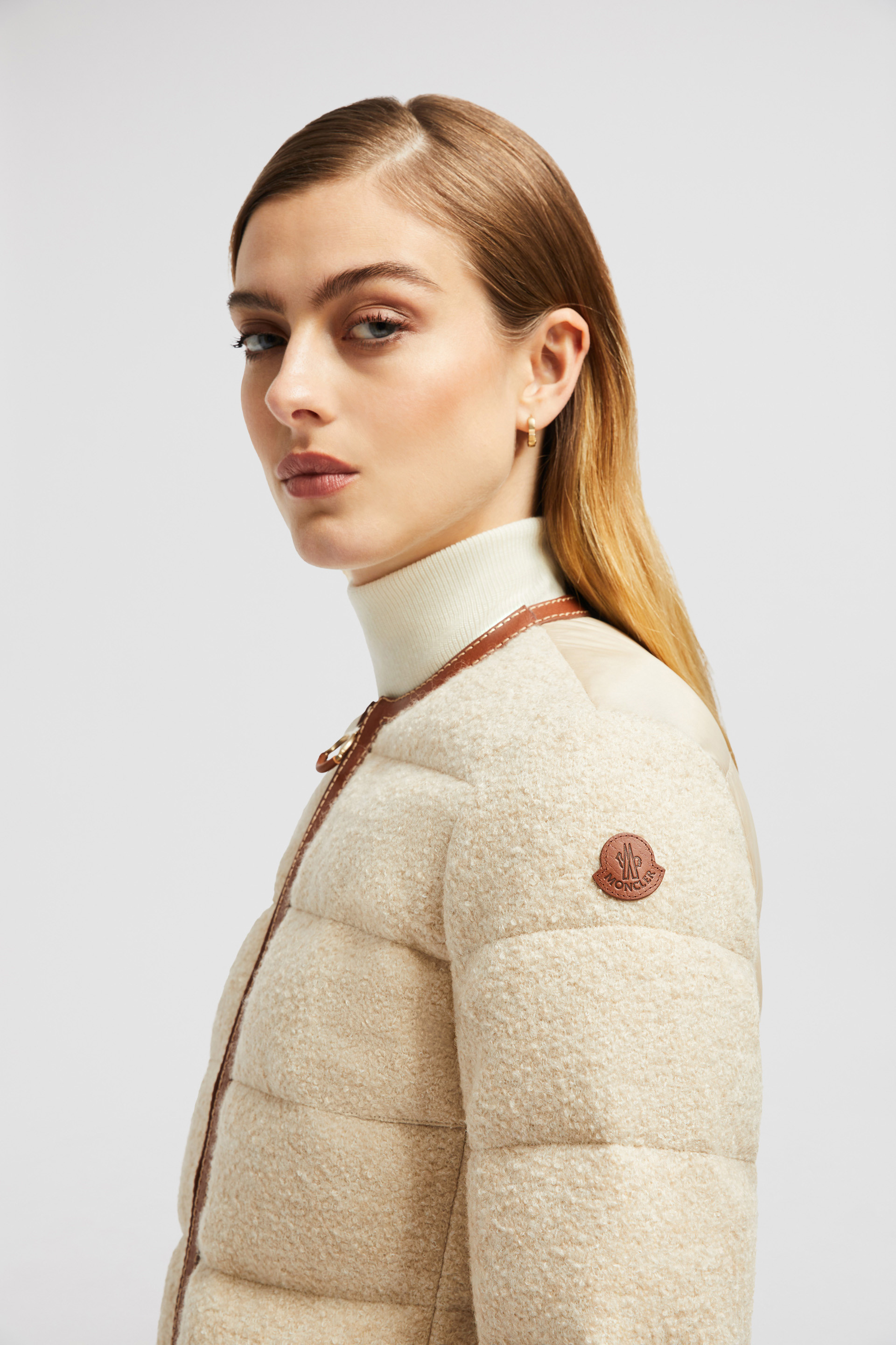 Beige Serinde Leather-Trimmed Bouclé Short Down Jacket - Short Down Jackets  for Women | Moncler US