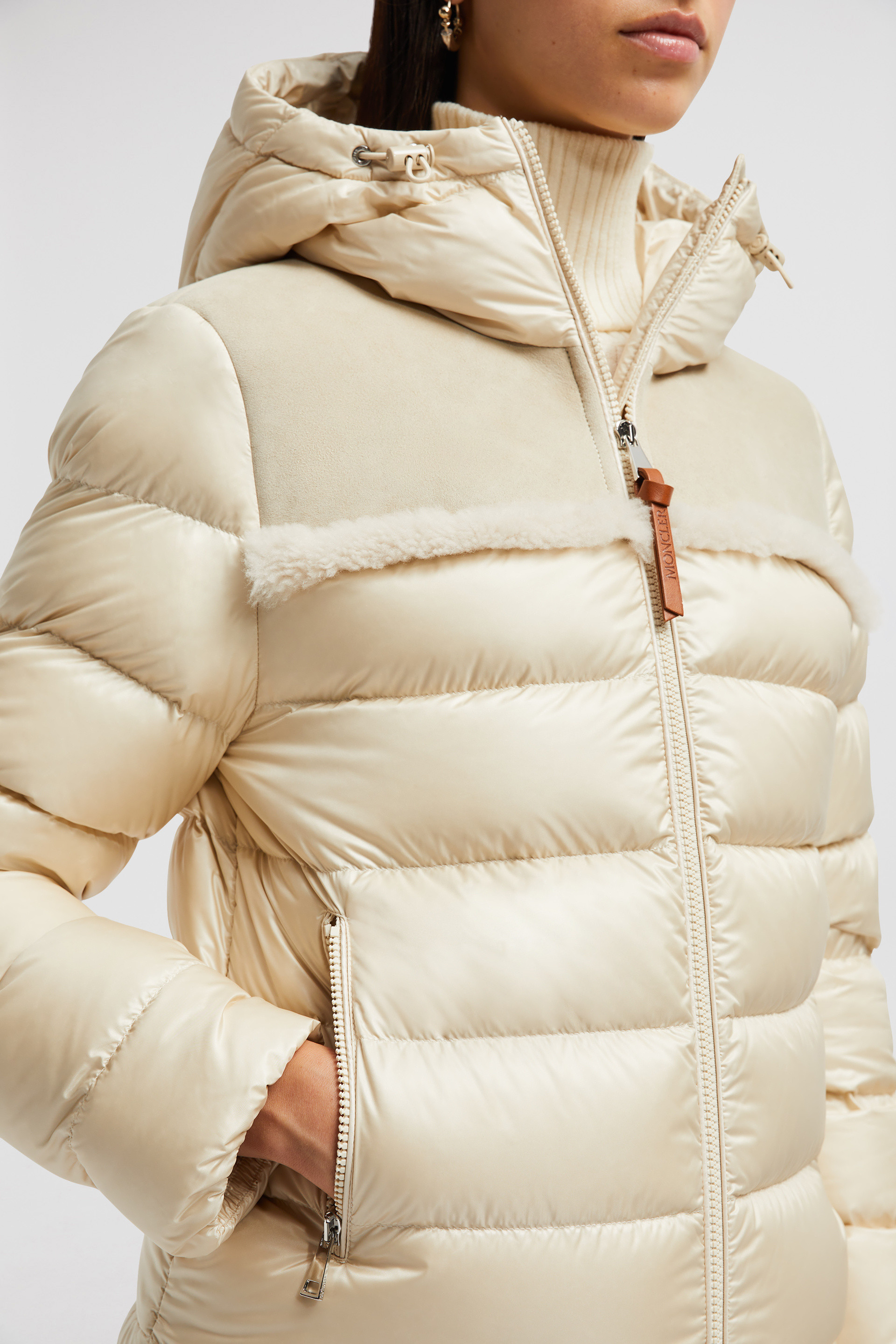 Beige Beauvais Hooded Shearling Short Down Jacket Short Down Jackets for Women Moncler US