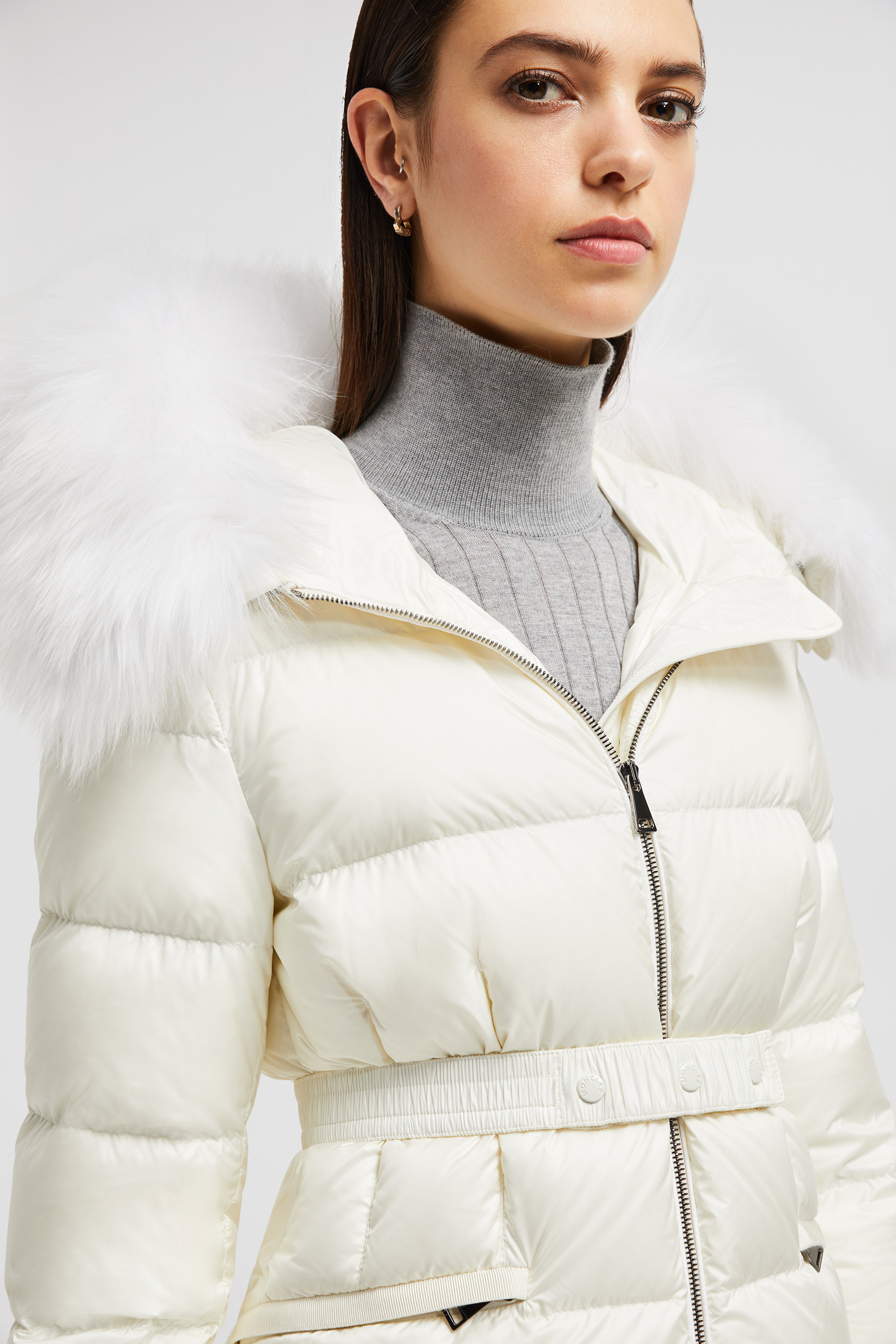 Oversized outlet Asymmetrical Belted White Hooded Down Filled Puffer Coat Jacket Small