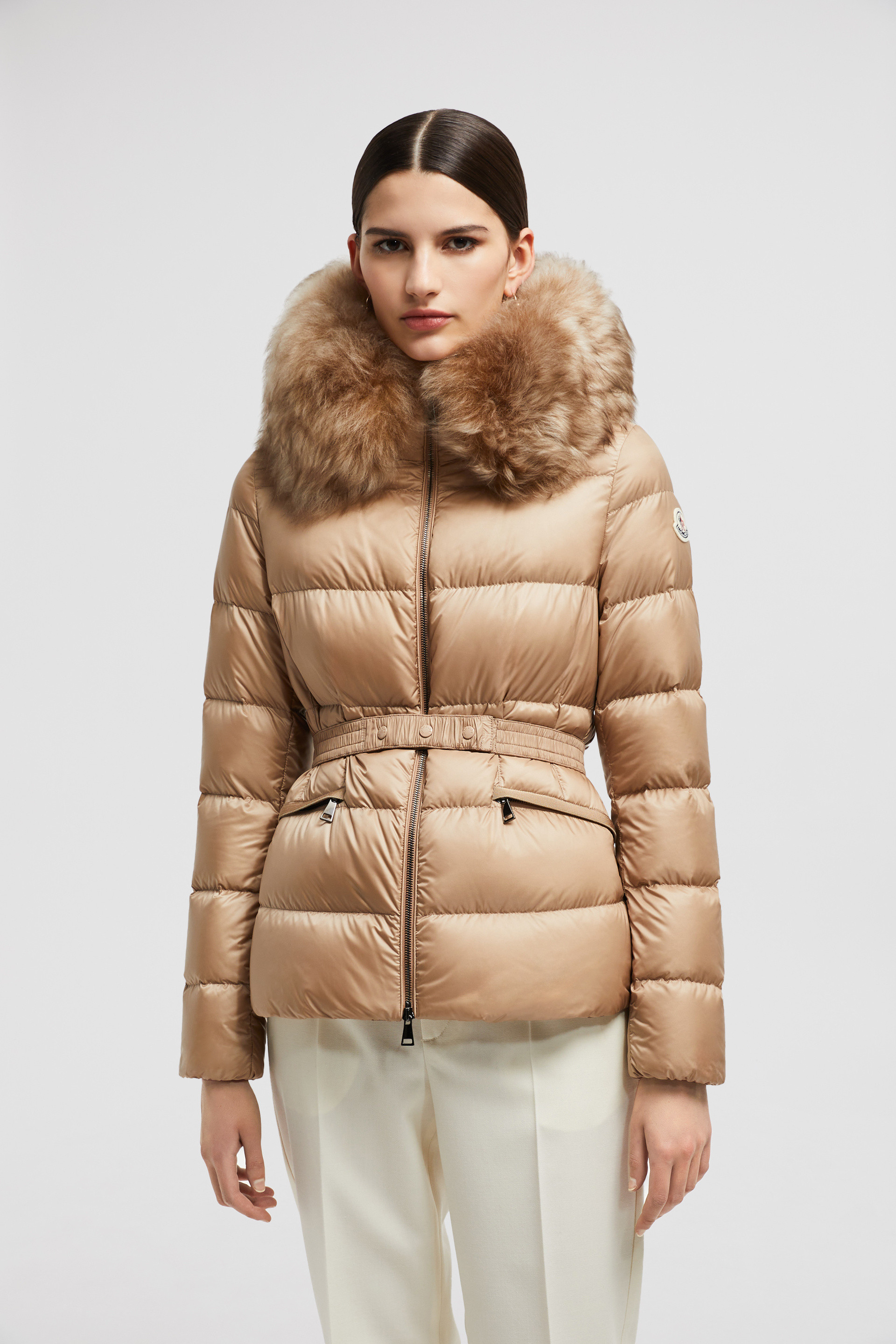 Camel Beige Boed Camel Beige Hooded Shearling Short Down Jacket Short Down Jackets for Women Moncler US