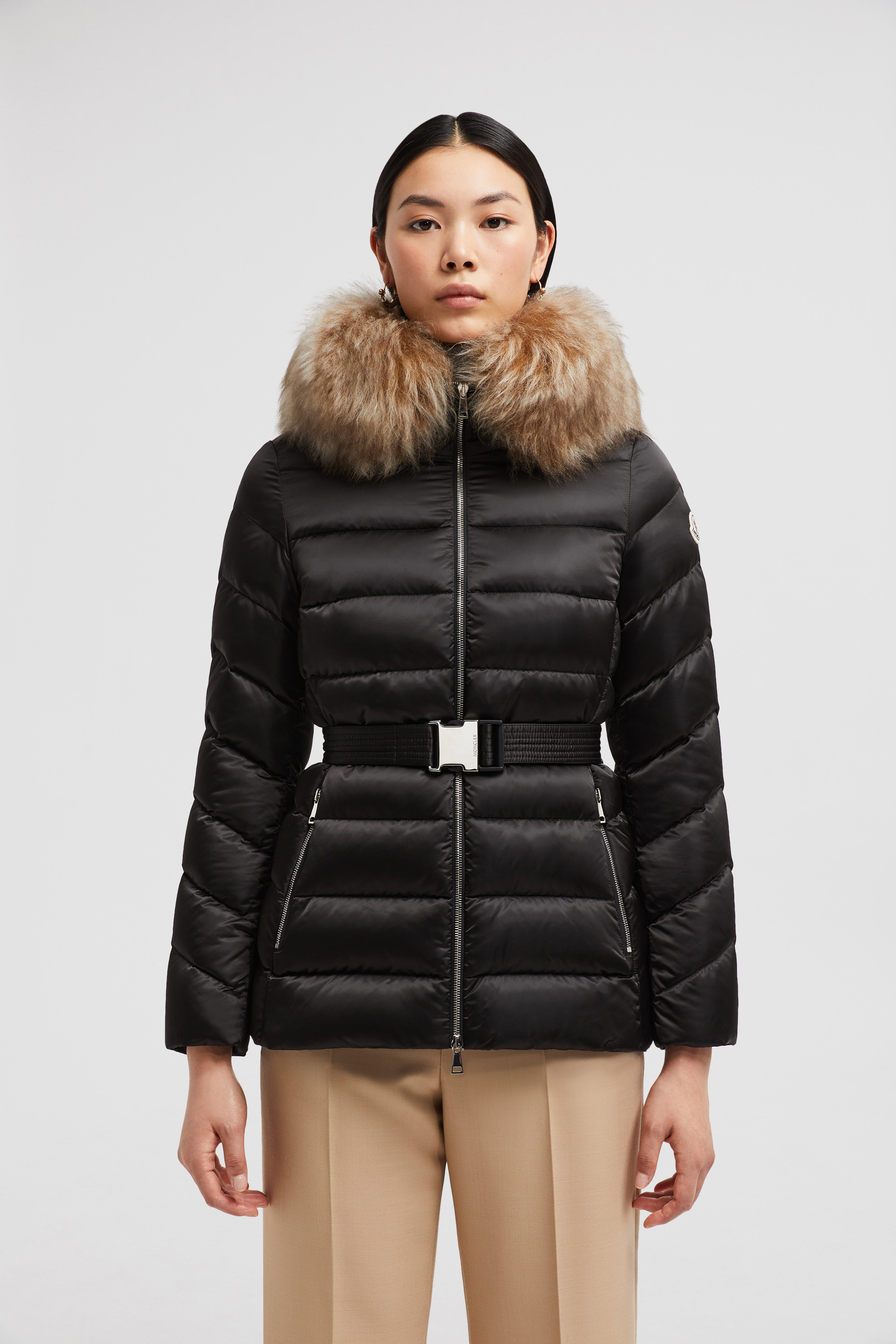 MONCLER｜JACKETS (1A00127 549P3 034) Black & Beige Cupidone Hooded Shearling Short Down Jacket