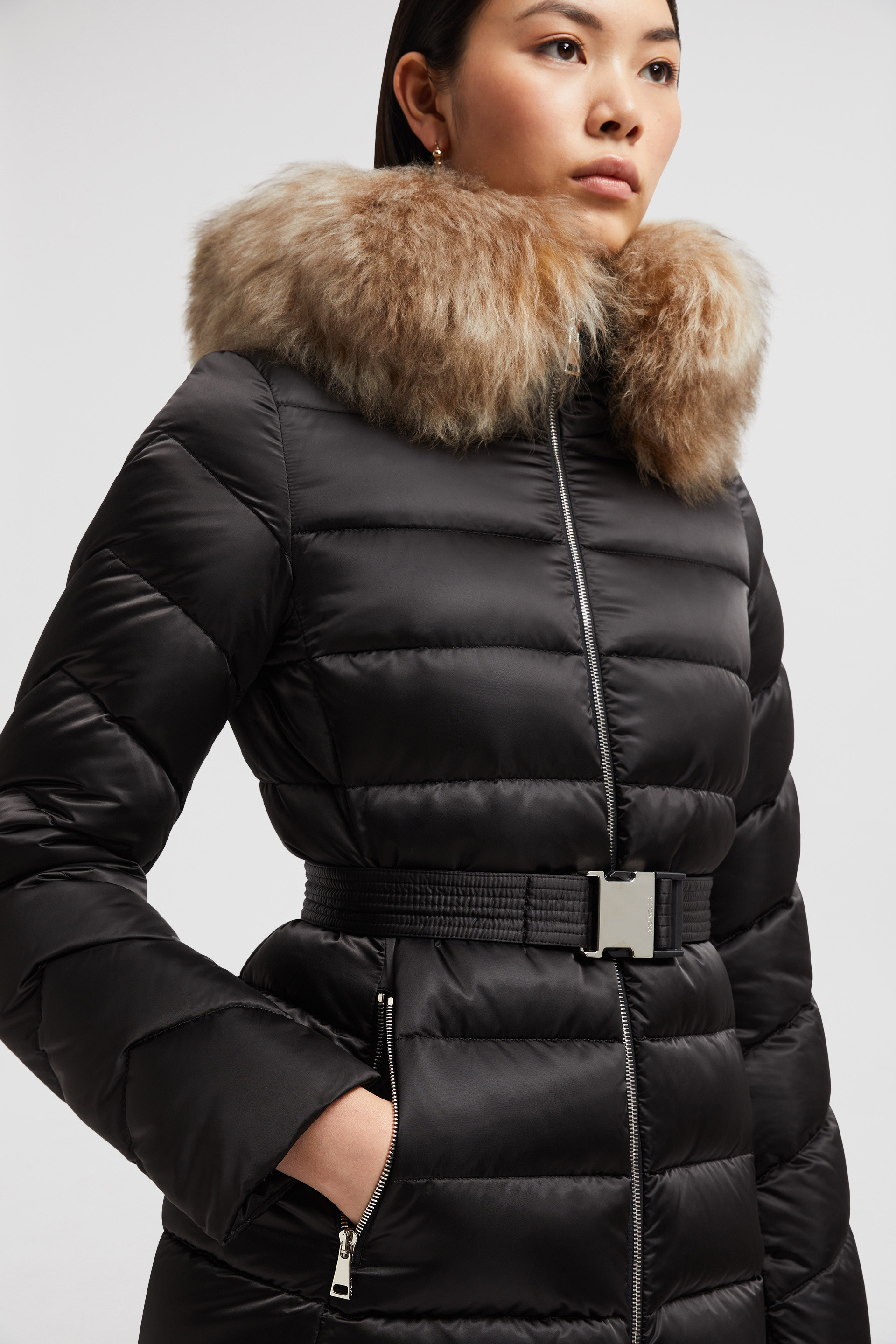 Black Beige Cupidone Hooded Shearling Short Down Jacket Short Down Jackets for Women Moncler CH