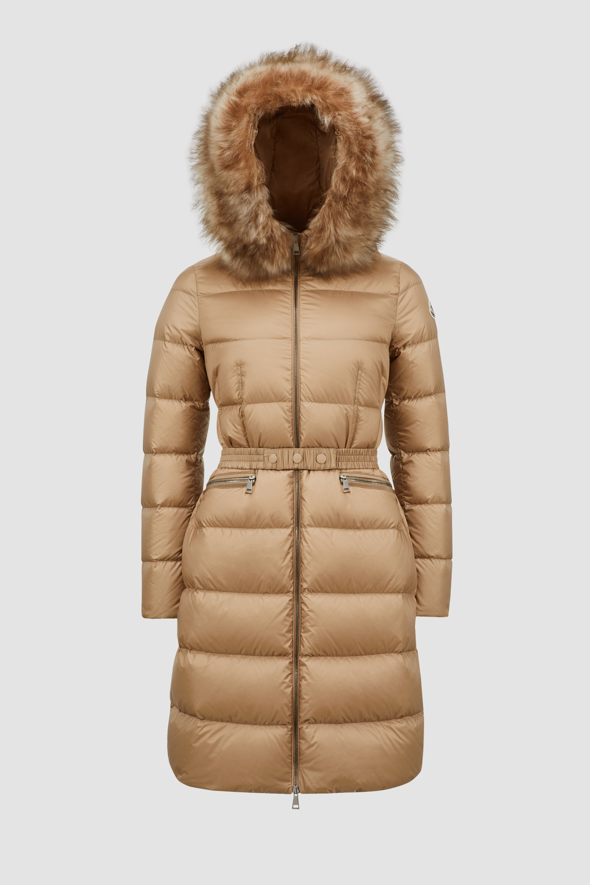 Piumino lungo Boedic in shearling con cappuccio Beige Cammello Piumini Lunghi Donna Moncler IT