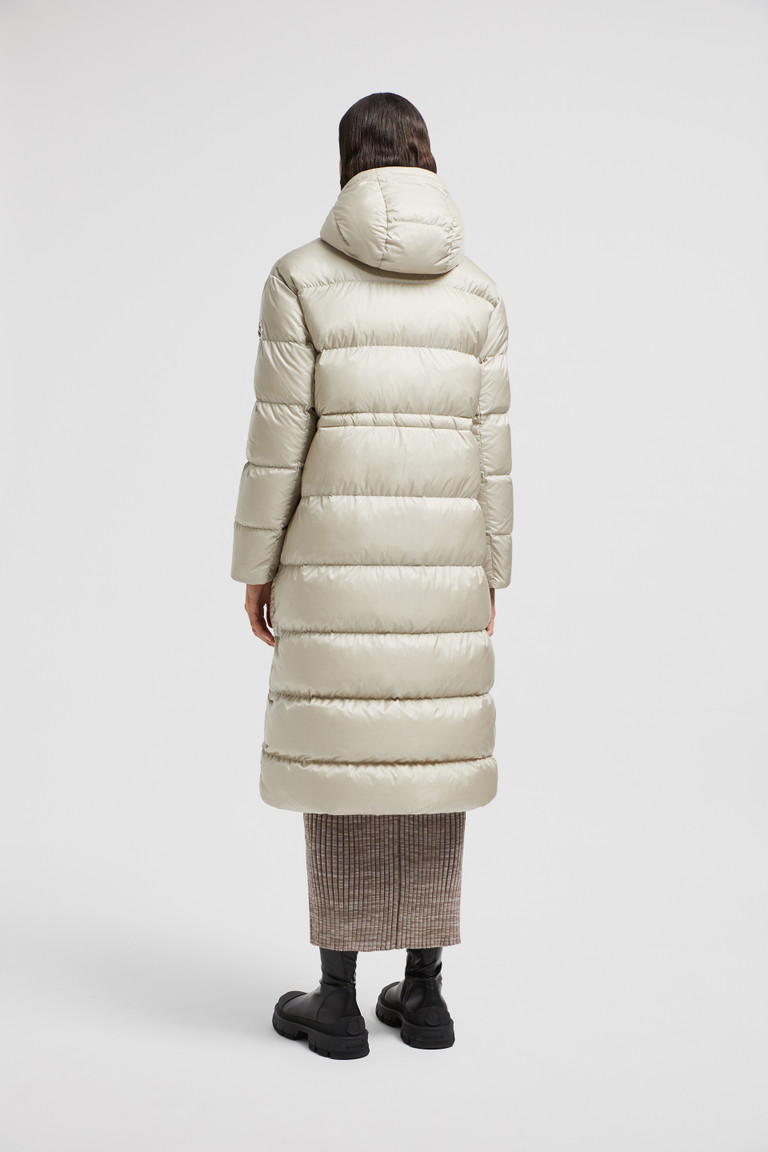 piumino lungo boulogne reversibile con cappuccio donna beige moncler