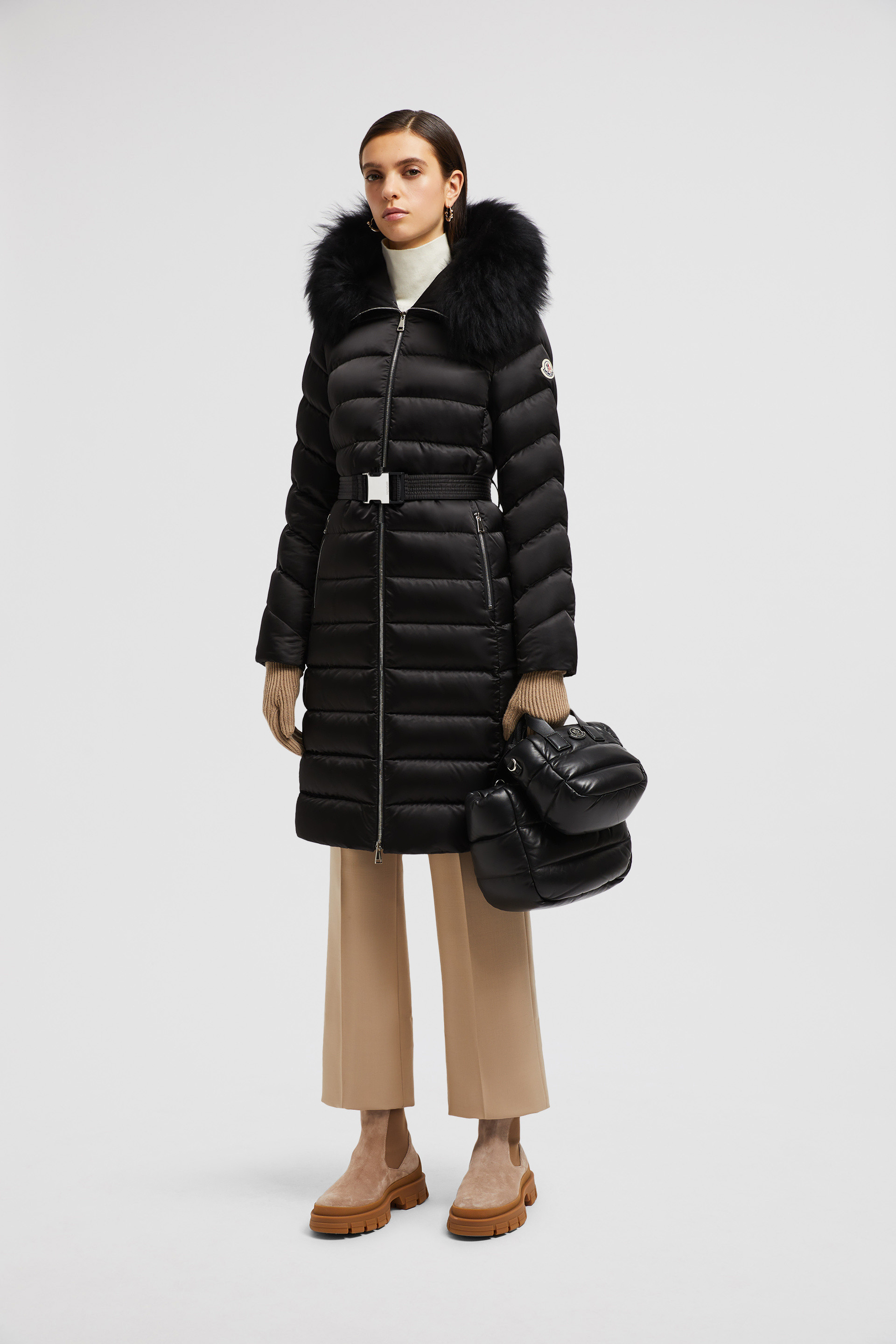 Piumino lungo Leersie in shearling con cappuccio Nero Piumini Lunghi Donna Moncler IT