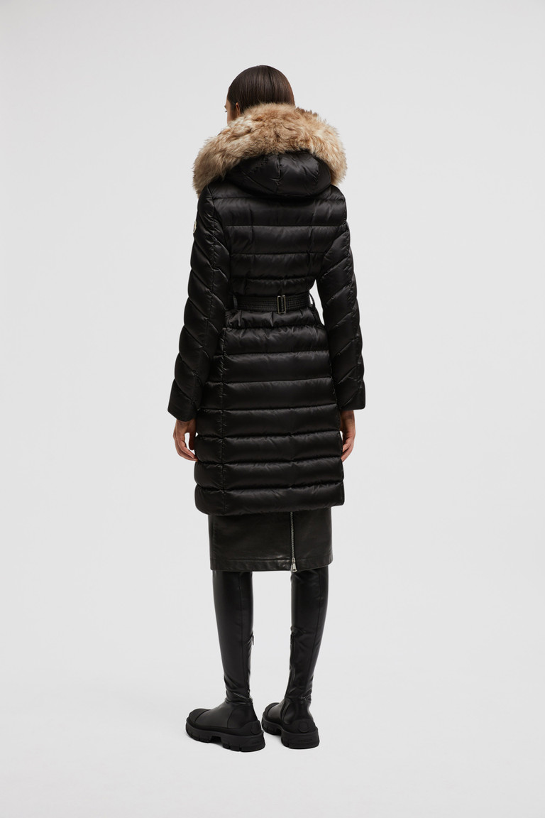 piumino lungo leersie in shearling con cappuccio donna nero and beige moncler
