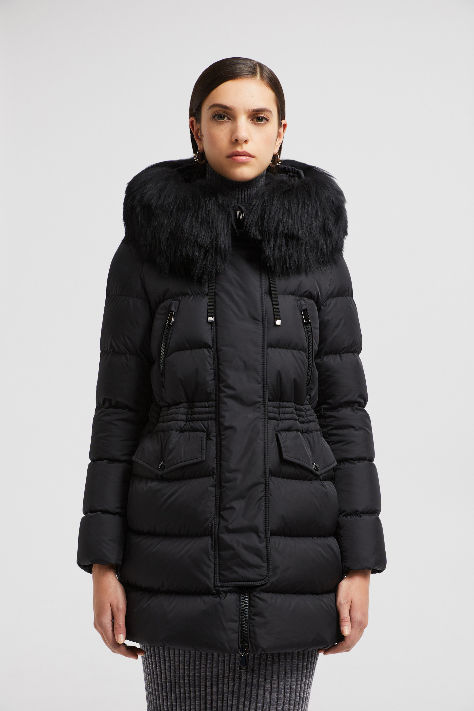 Black Aphroti Hooded Shearling Long Down Jacket Long Down Jackets for Women Moncler HK