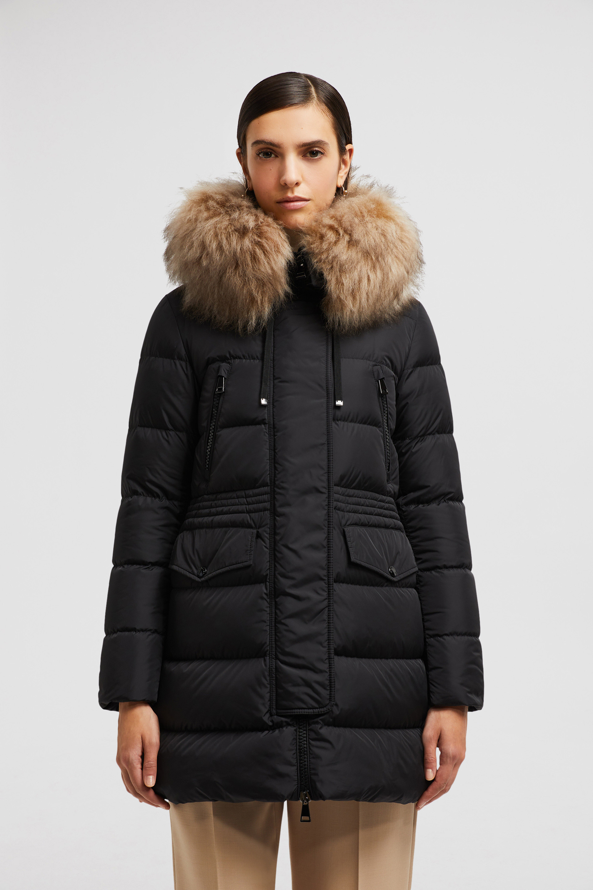 Black Beige Aphroti Hooded Shearling Long Down Jacket Long Down Jackets for Women Moncler HK