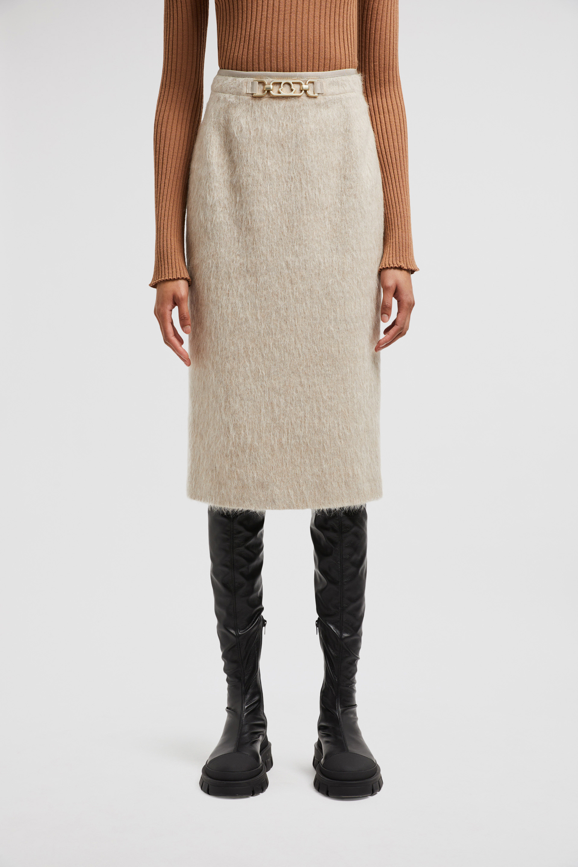 関税込 MONCLER WOOL BLEND & MOHAIR MIDI SKIRT Light Beige Wool & Mohair Midi Skirt - Skirts for Women