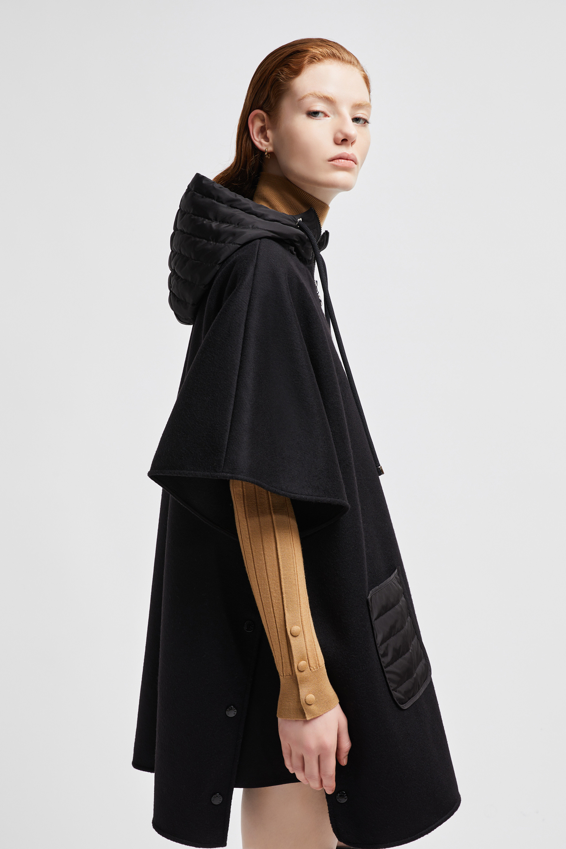 Black Hooded Wool Down Cape Capes for Women Moncler US