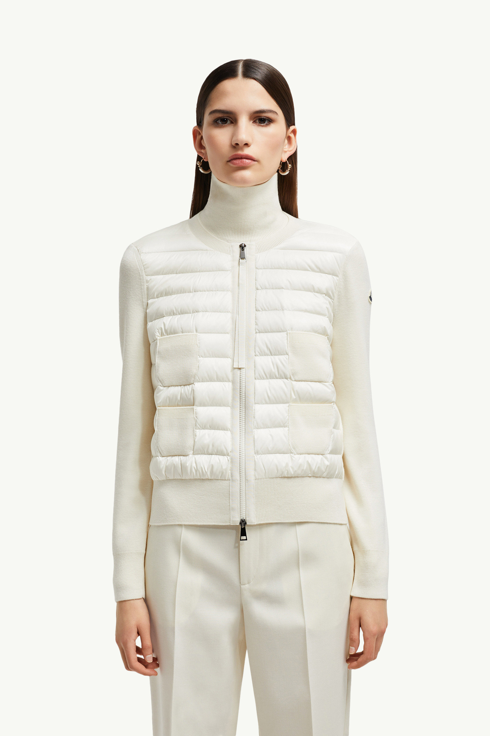 White Padded Wool Zip-Up Cardigan - Sweaters & Cardigans for Women 