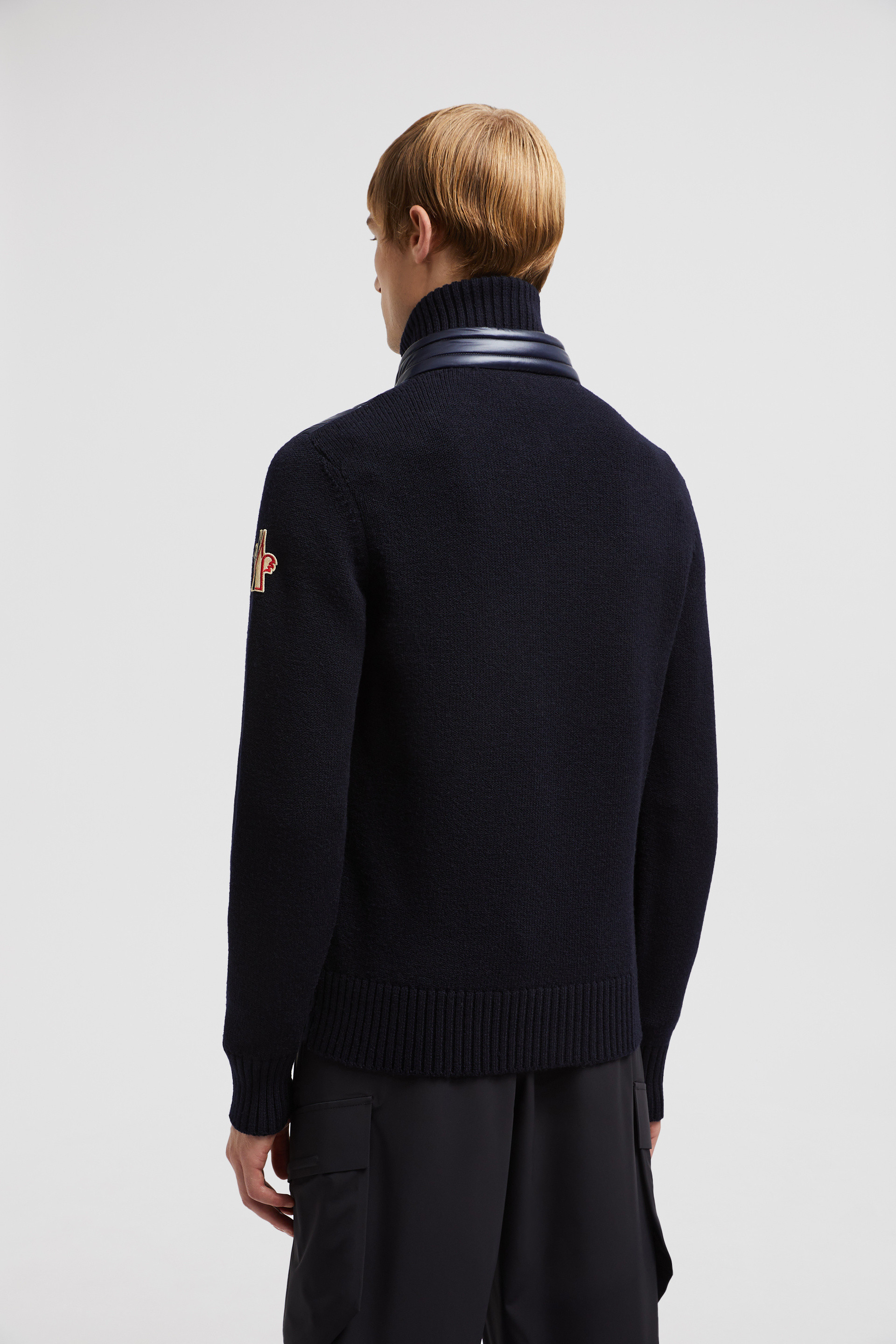 追跡送料込 MONCLER ウールフード付きジップアップケープ Navy Blue Padded Wool Zip-Up Cardigan - Sweaters & Cardigans