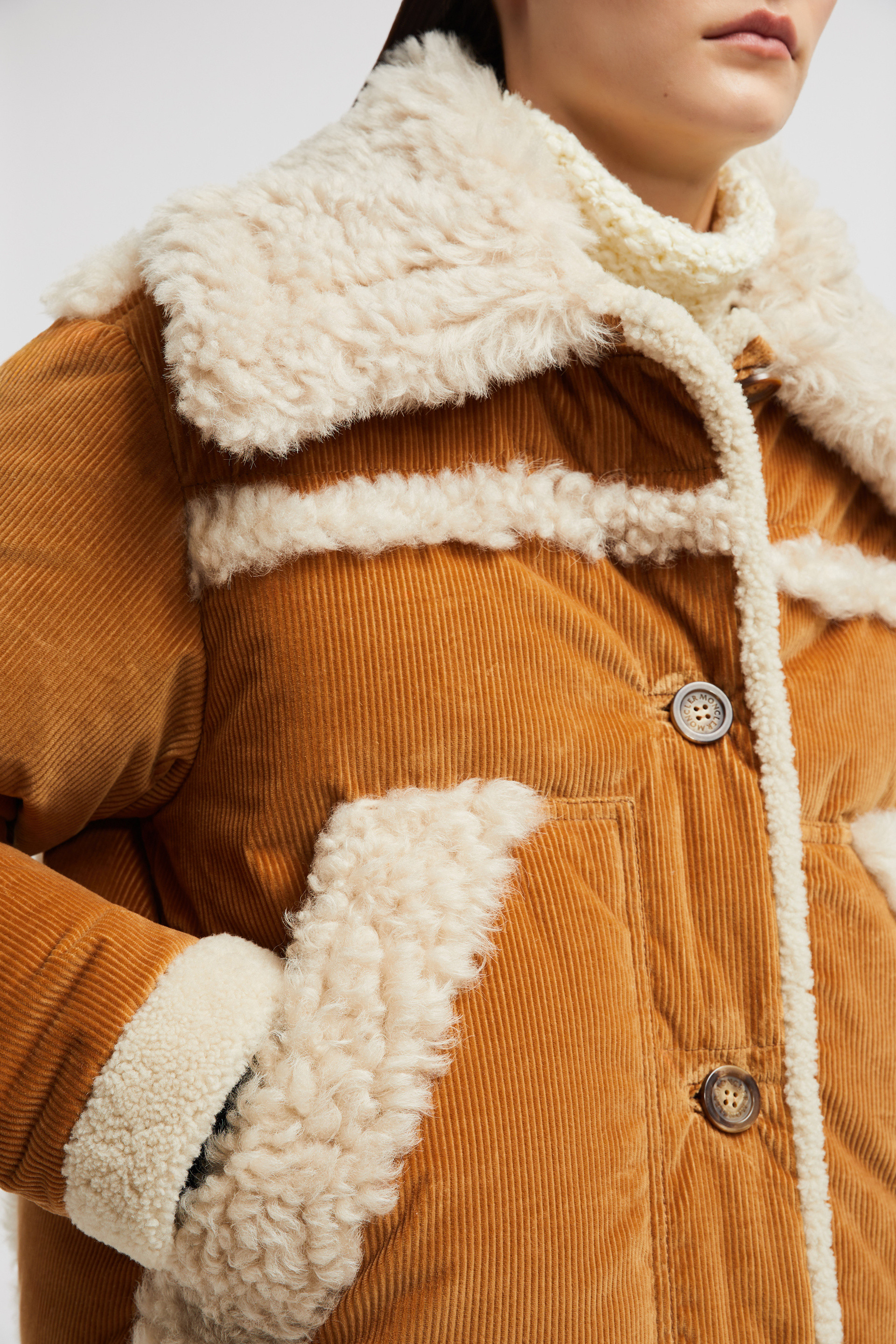 Camel Beige Caleu Corduroy Shearling Short Down Jacket