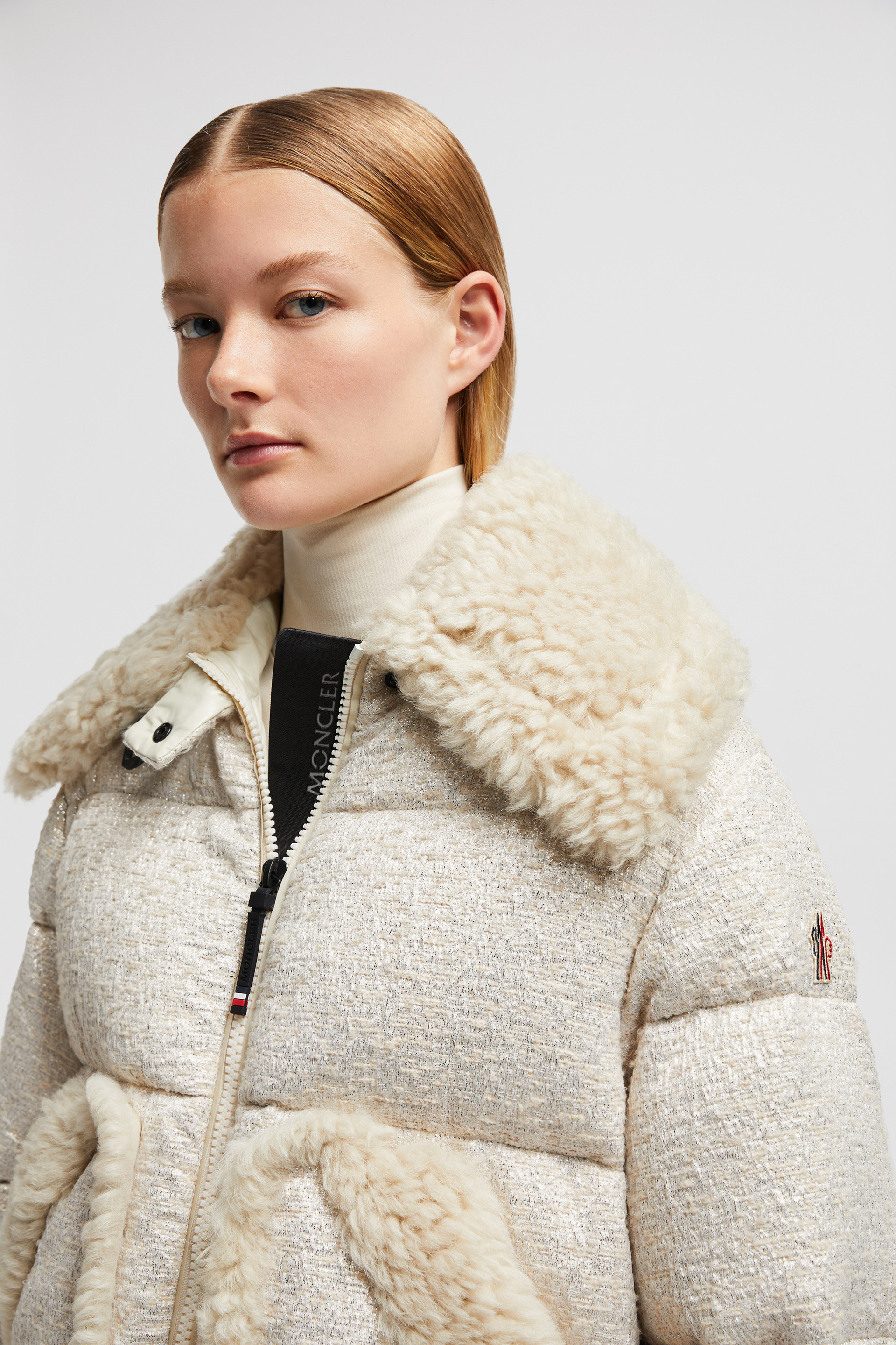 Light Beige Stowe Boucle Shearling Short Down Jacket Short Down Jackets for Women Moncler PL