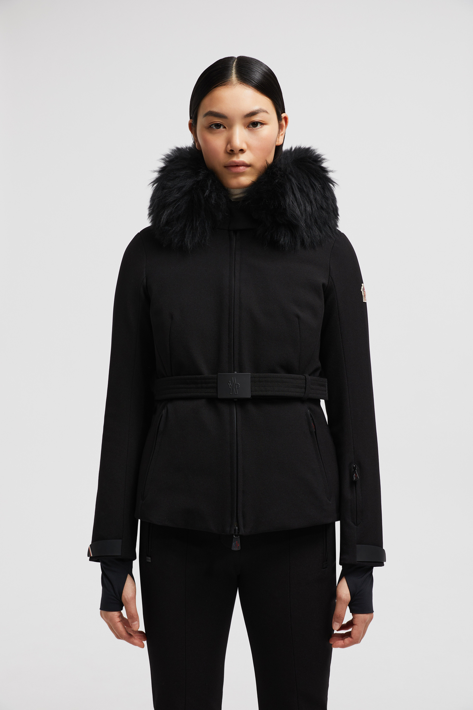 Black Bauges Hooded Shearling Down Ski Jacket Short Down Jackets for Women Moncler BE