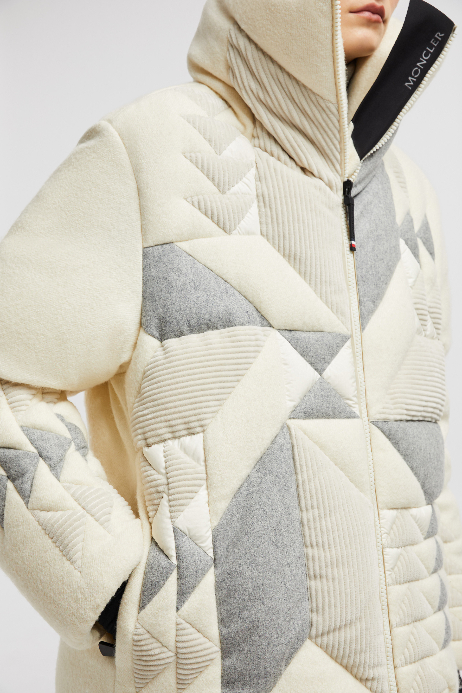 【MONCLER】Leutaschパッチワーク・キルト ダウンジャケット White & Gray Leutasch Patchwork-Quilted Wool Short Down