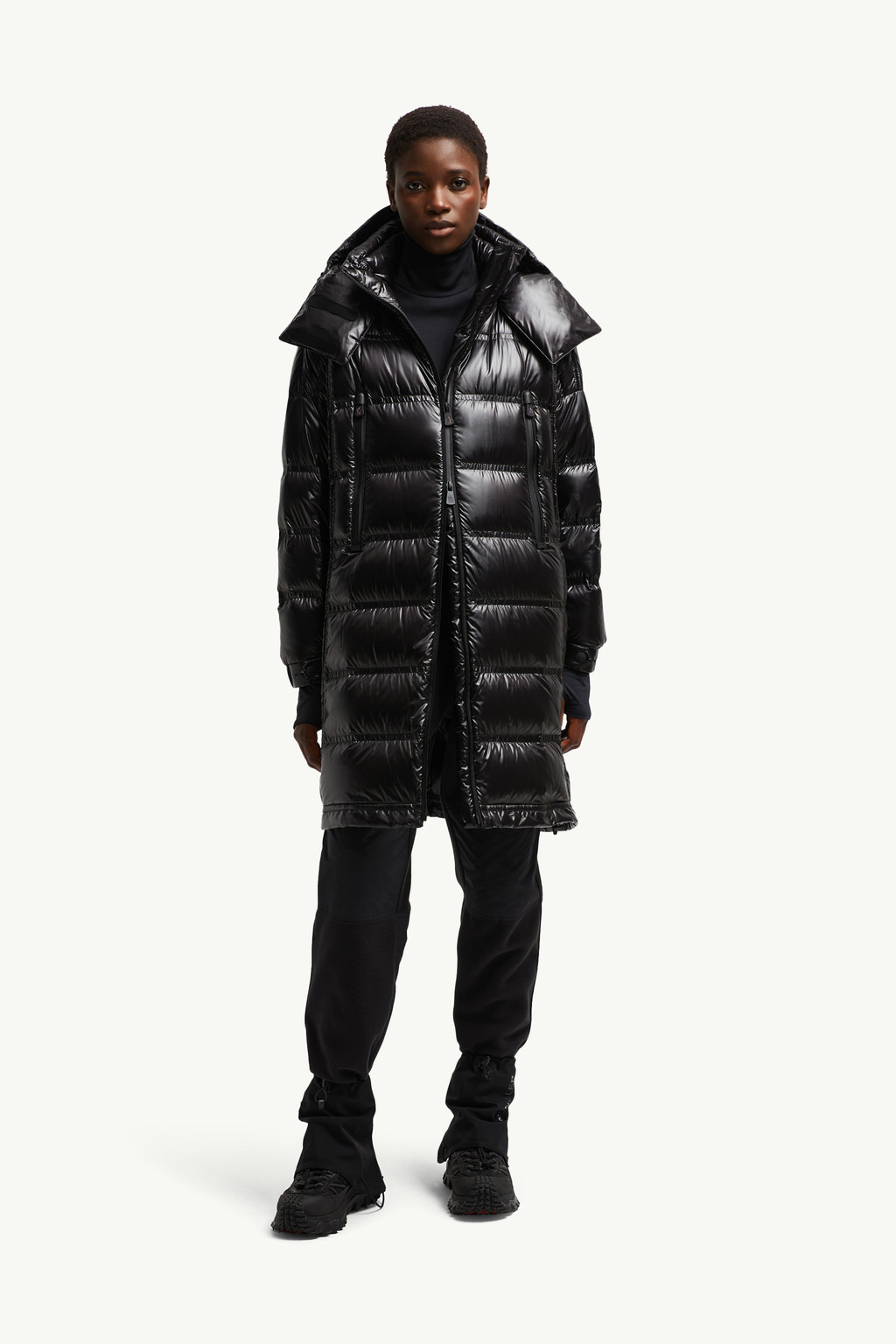 piumino lungo rochelairs con cappuccio donna nero moncler