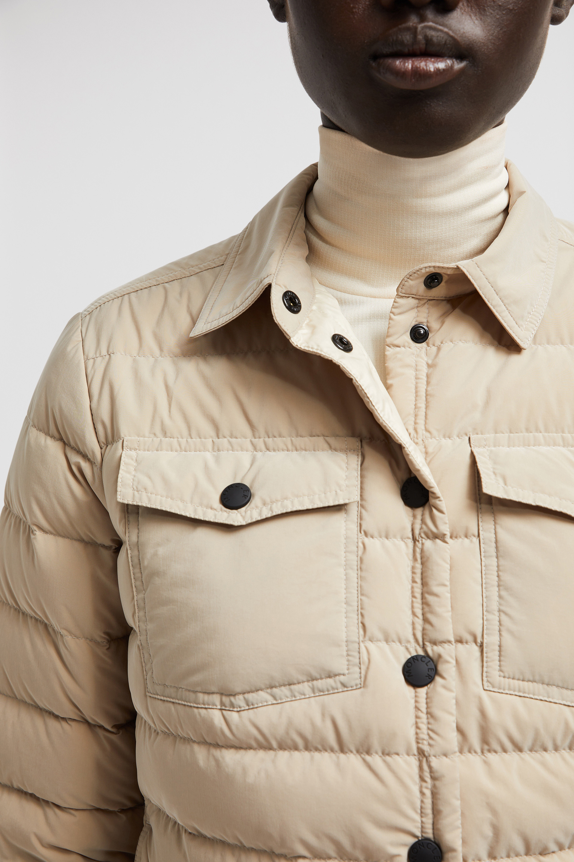 Light Beige Rozes Packable Down Shirt Jacket - Short Down Light Beige Rozes Packable Down Shirt Jacket - Short Down