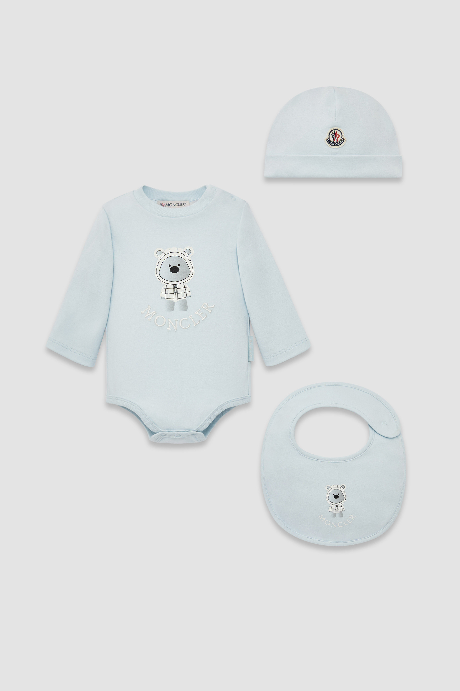 Light Blue Teddy Bear Motif Set Clothing for Children Moncler IT