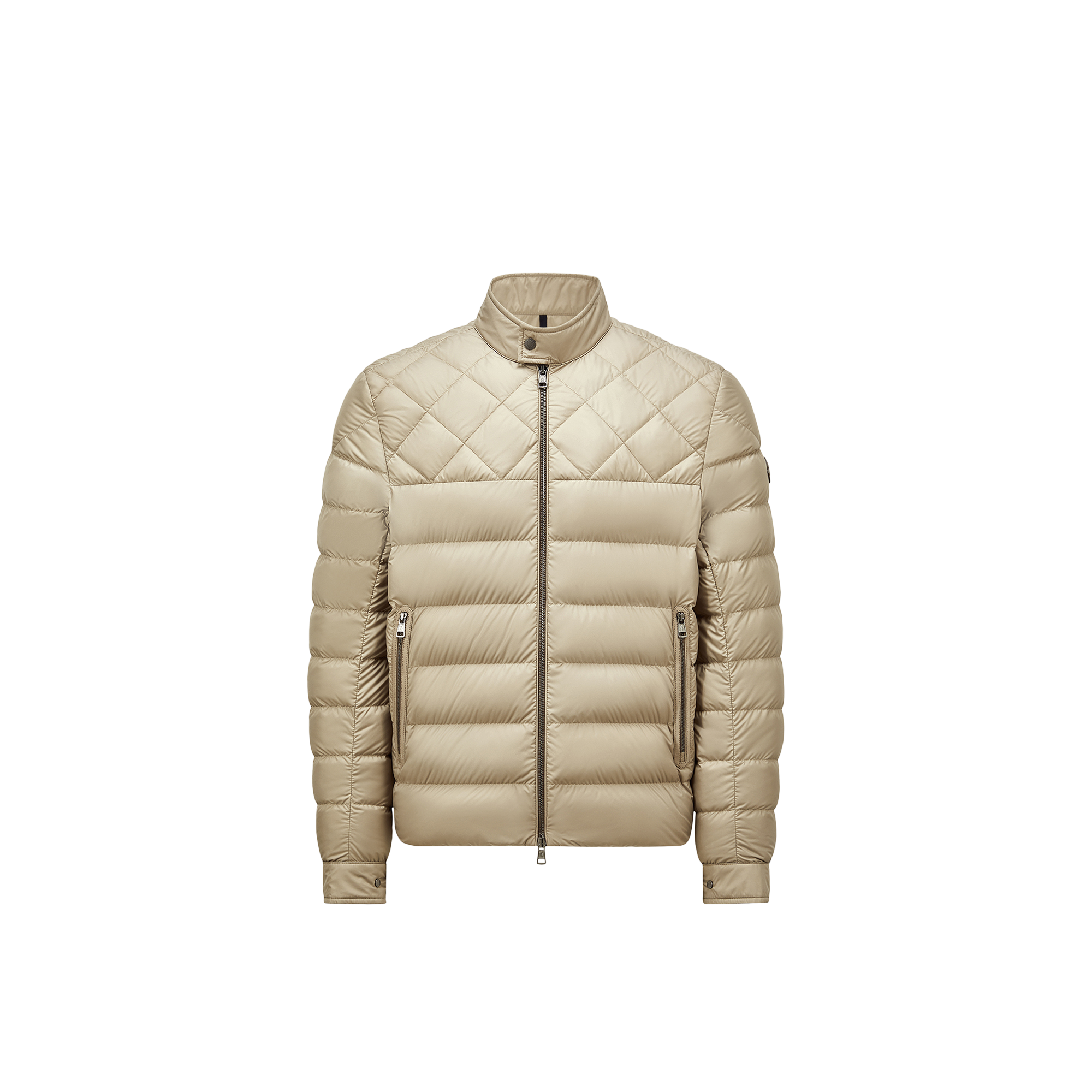 Moncler Tuile Leather-trimmed Down Biker Jacket Beige In Beige