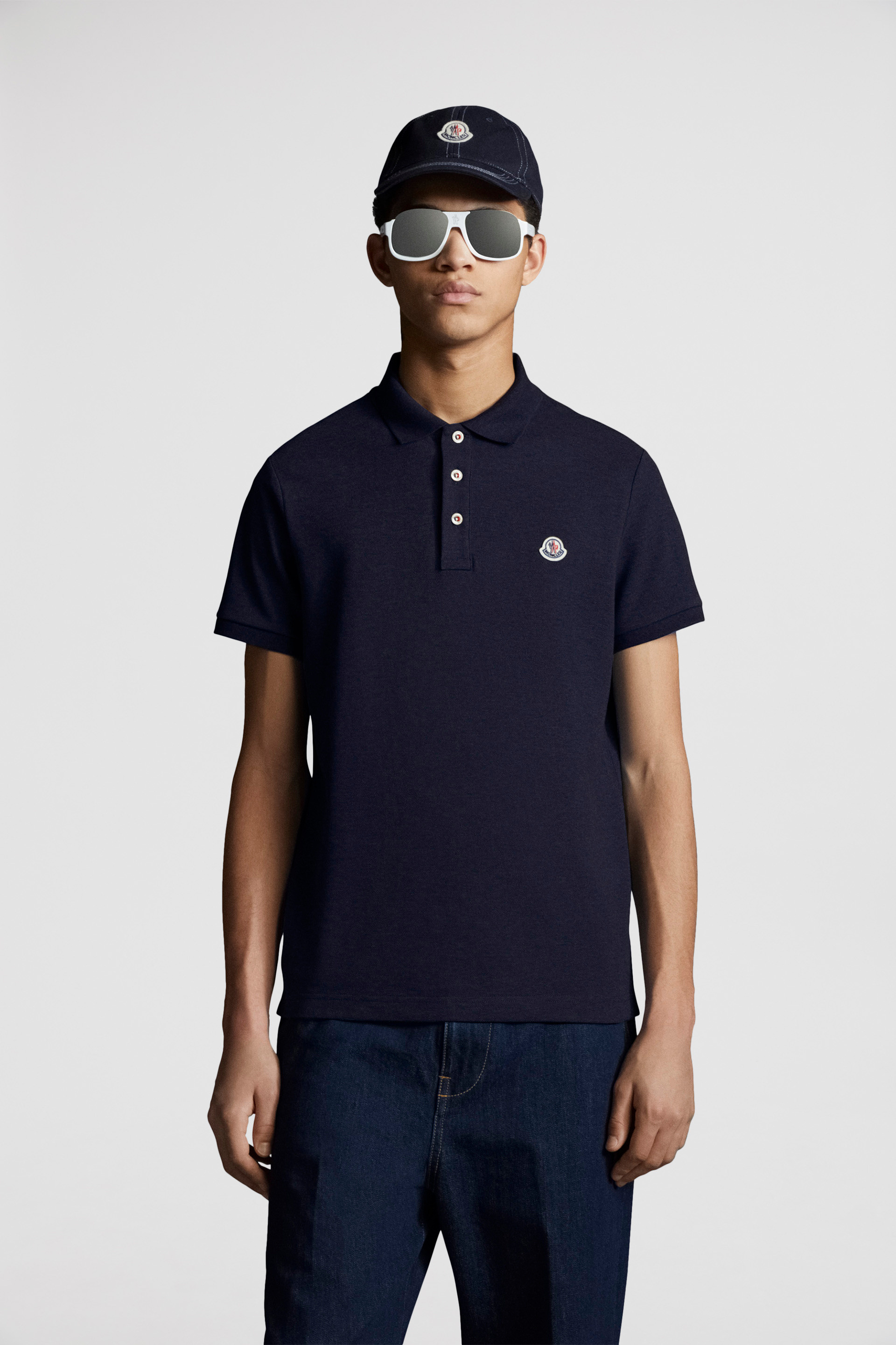 Polo en coton a empiecement logo Bleu fonce Polos et t shirts Homme Moncler FR