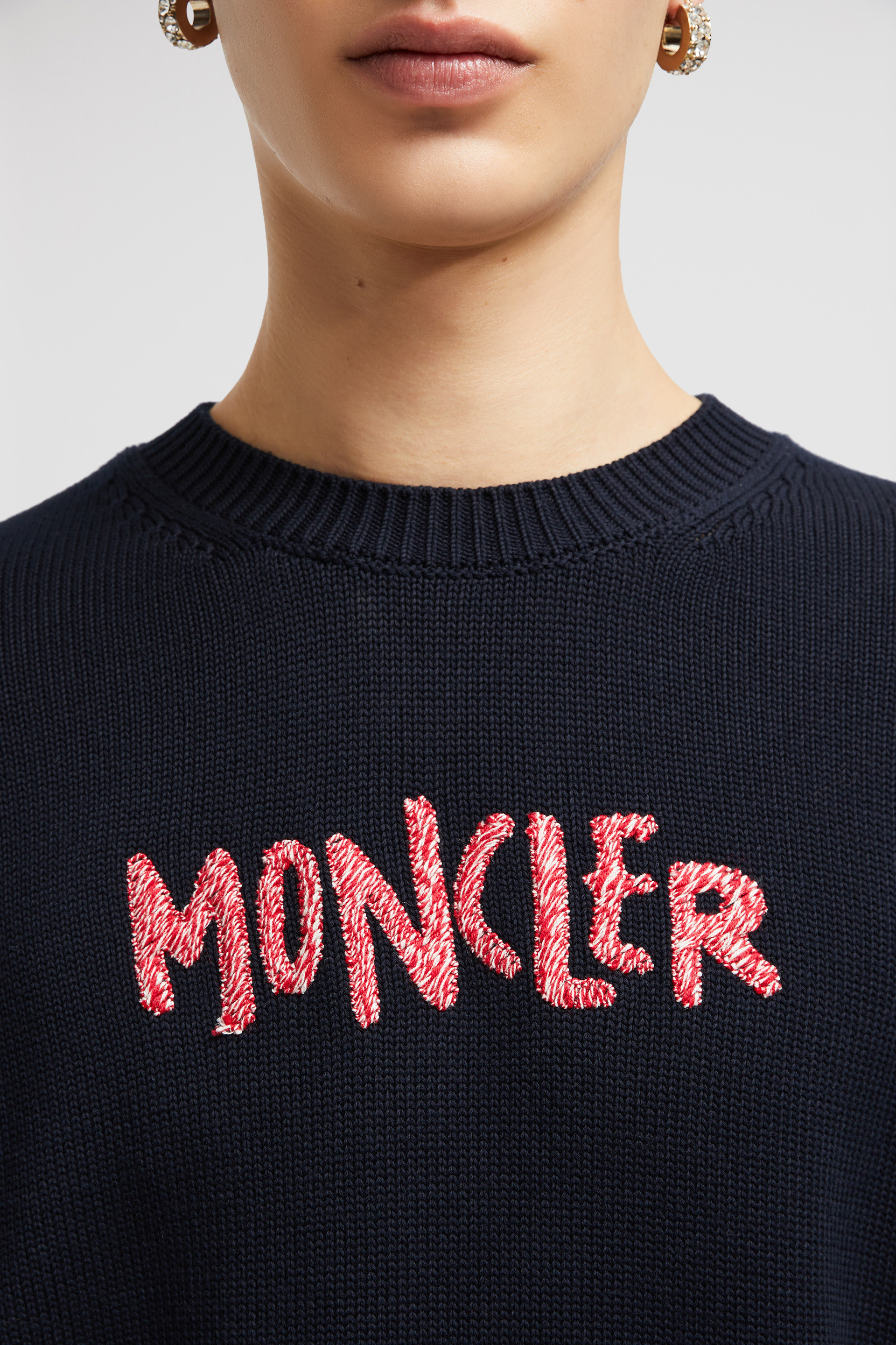 深蓝色男士刺绣双色标识棉质毛衣- 毛衣&开衫for 男装| Moncler SG