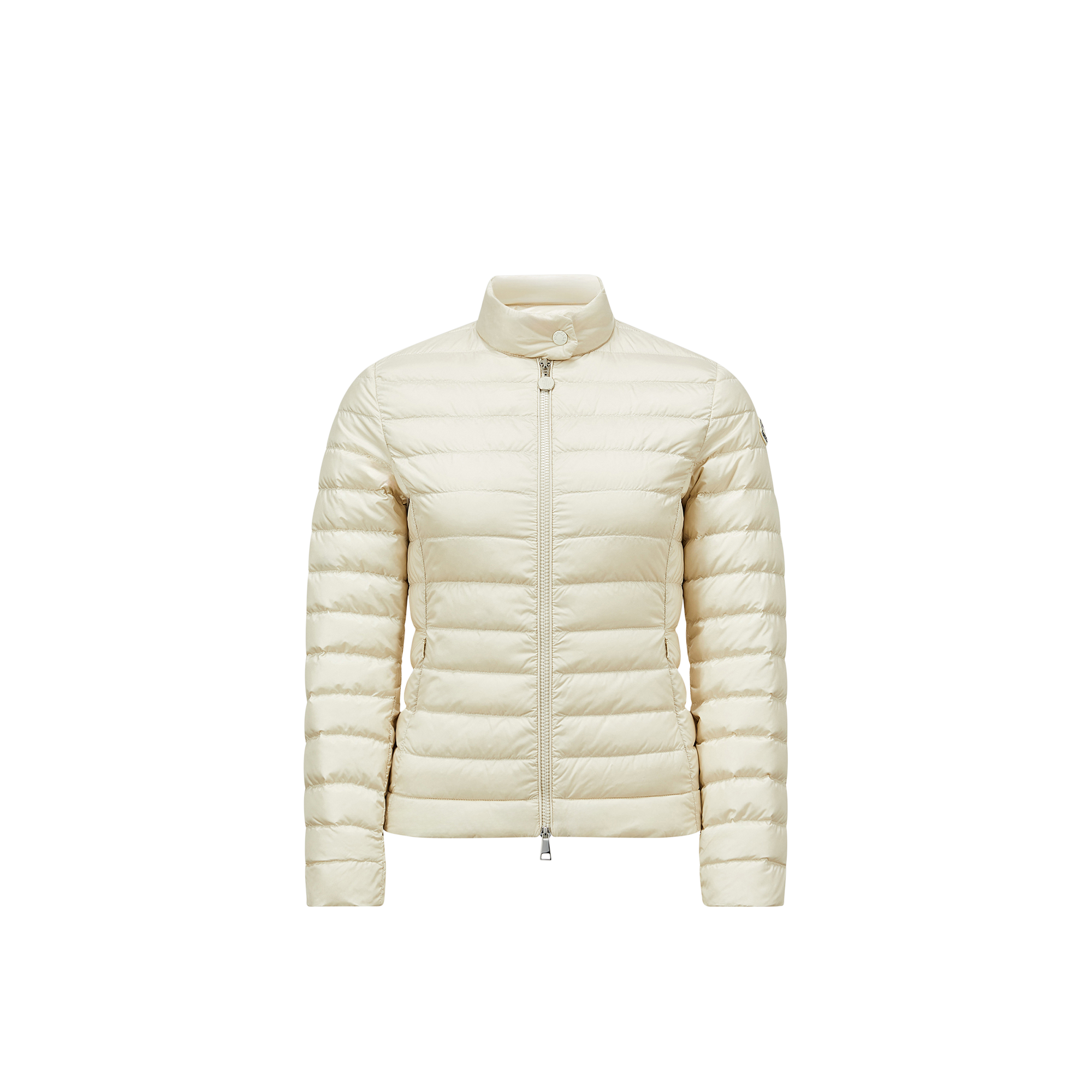 Moncler Fitted Quilted Feather Down Jacket With High Collar In White