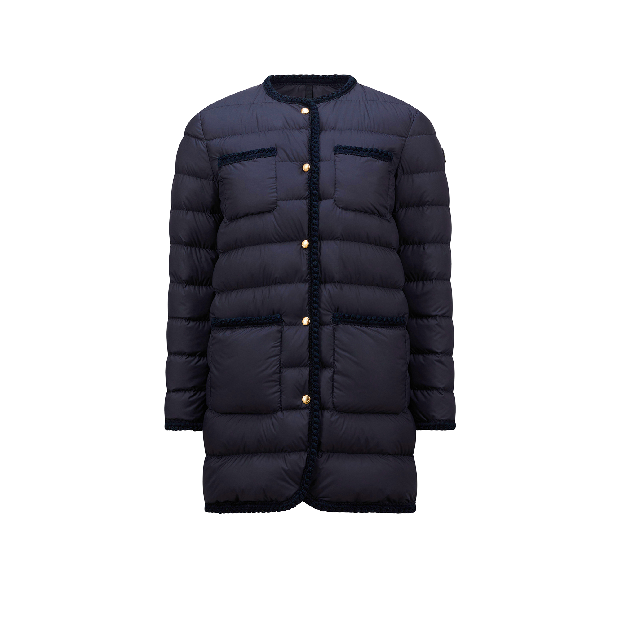 Moncler Gencaylong Braided Trim Long Down Jacket Blue In Blue