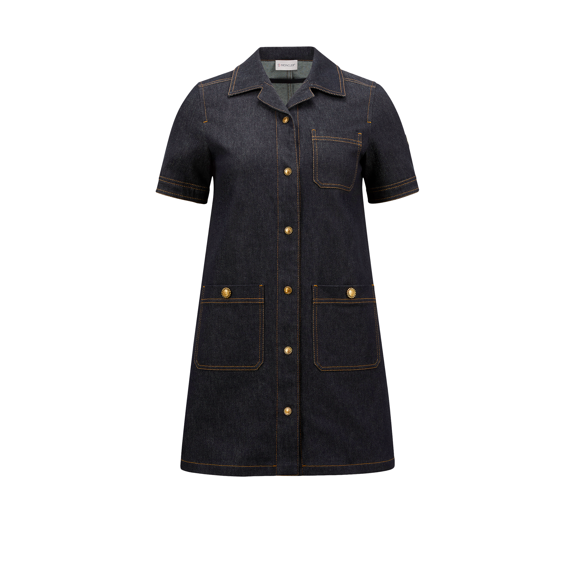 Moncler Short Sleeve Denim Dress With Front Pockets In Blue