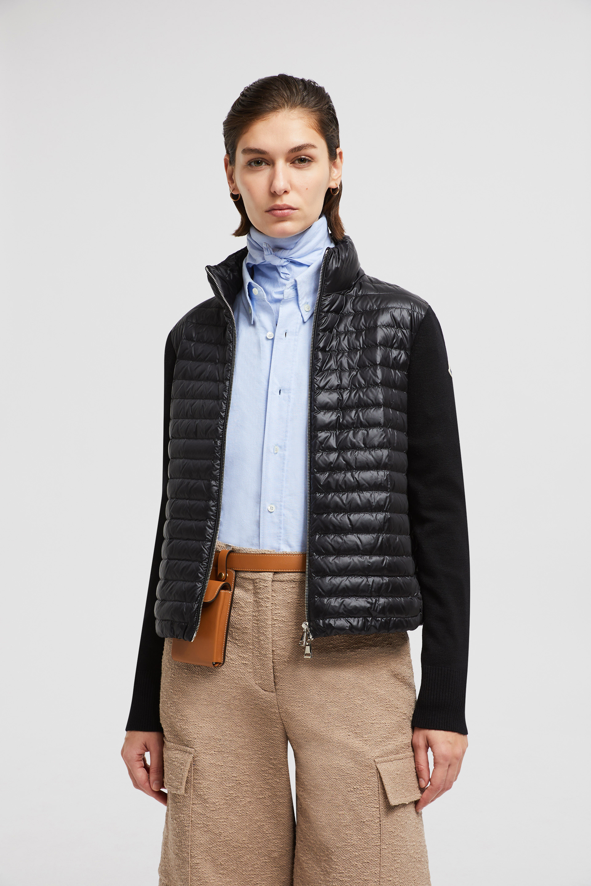 Black Padded Wool Zip-Up Cardigan - Sweaters & Cardigans for