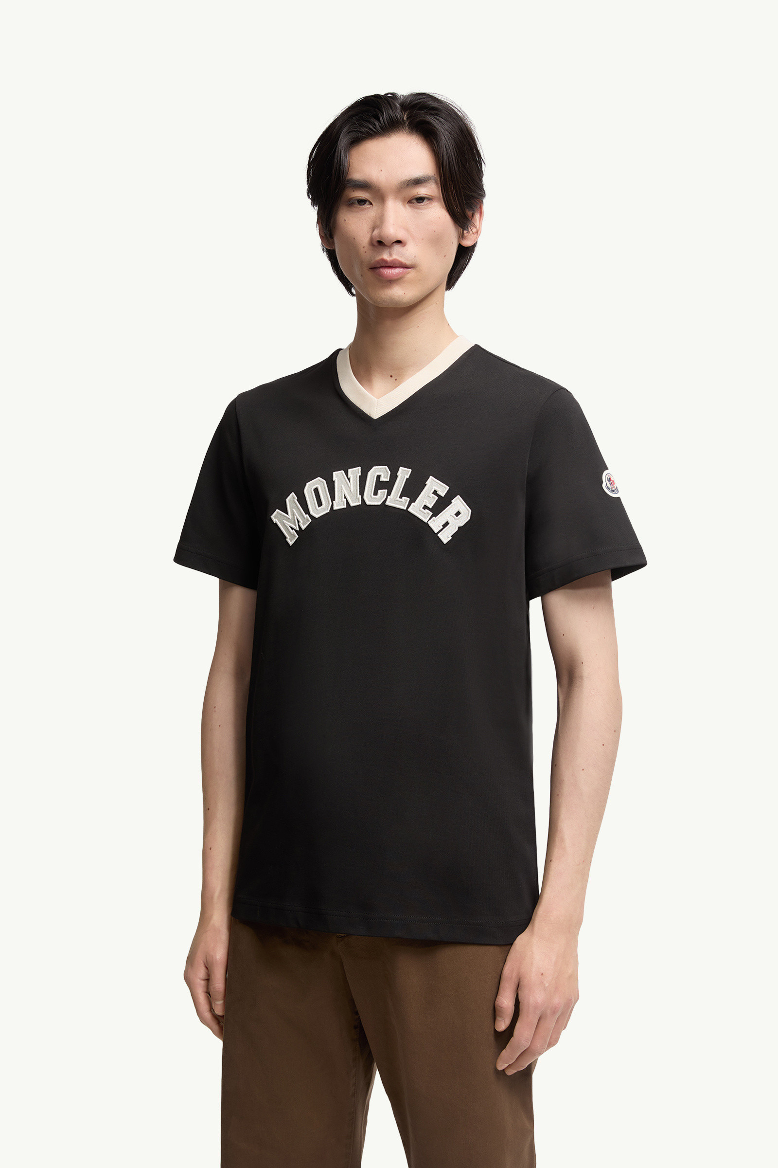 Black Embroidered Logo Cotton Piquet V-Neck T-Shirt - Polos