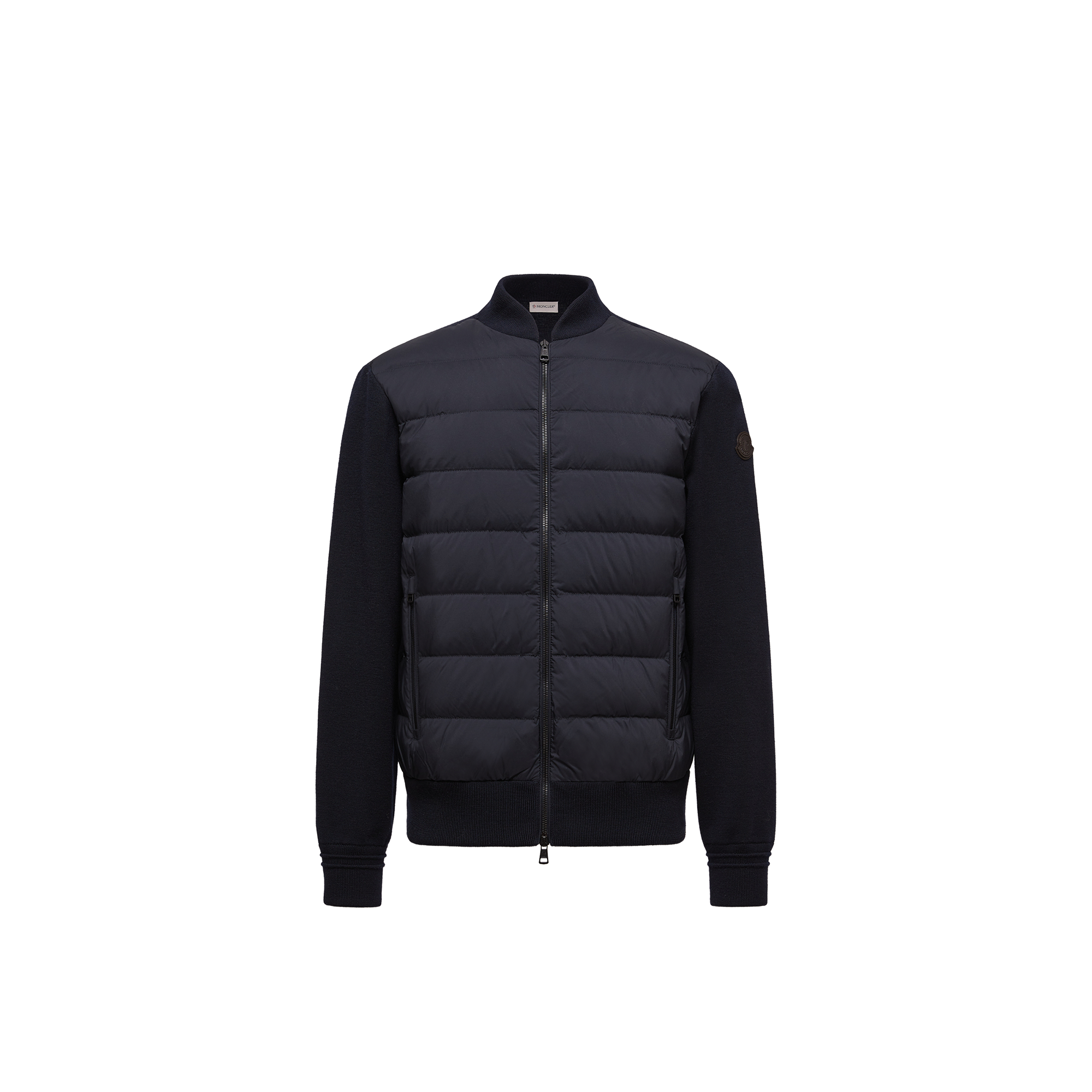 Moncler Leather-trimmed Quilted Shell And Ribbed Cotton And Wool-blend Down Jacket In Blue
