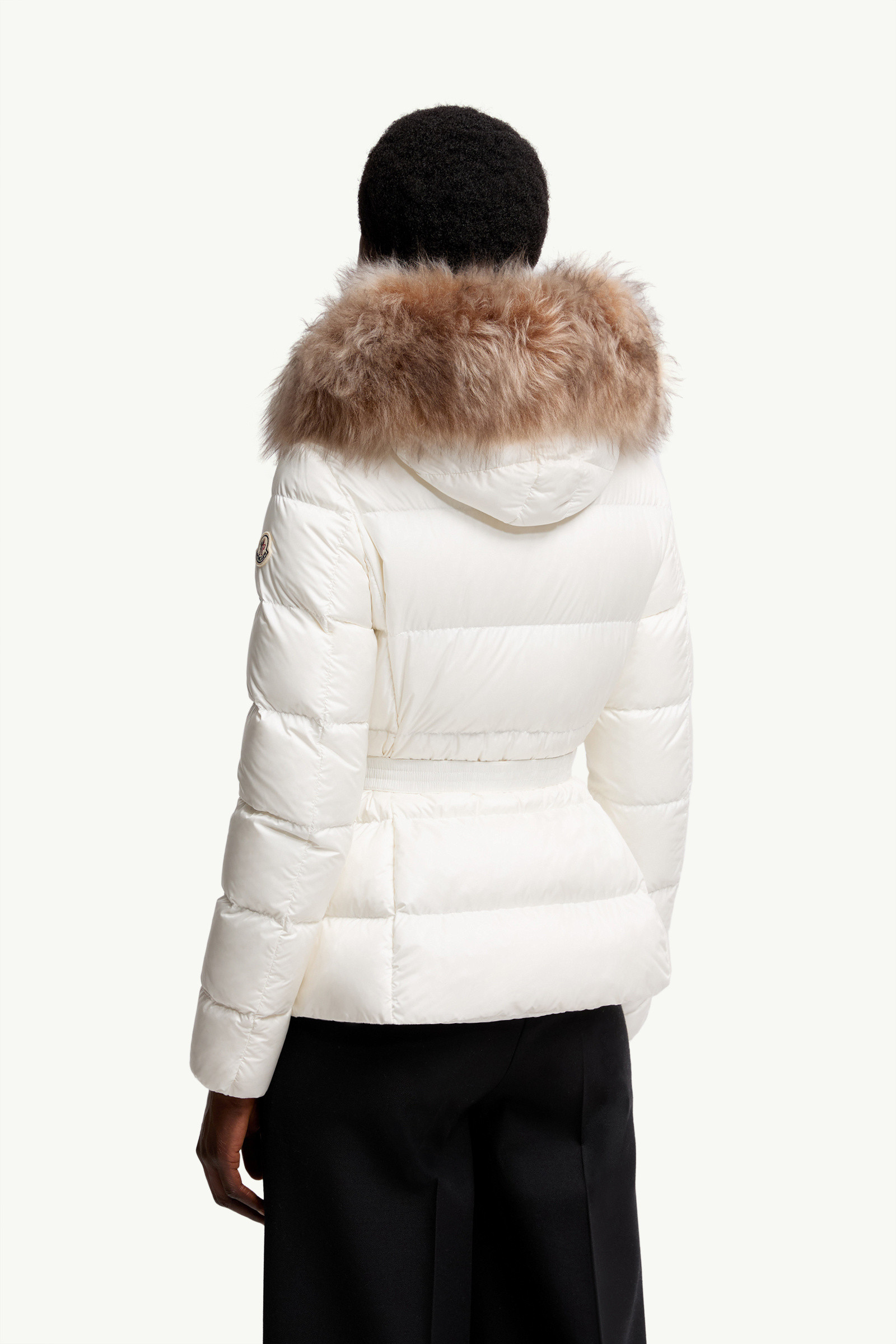 ダウンジャケット・コート MONCLER Women Jackets 1A00041 595FK 21E White White Boed Hooded Shearling-Trimmed Short Down Jacket