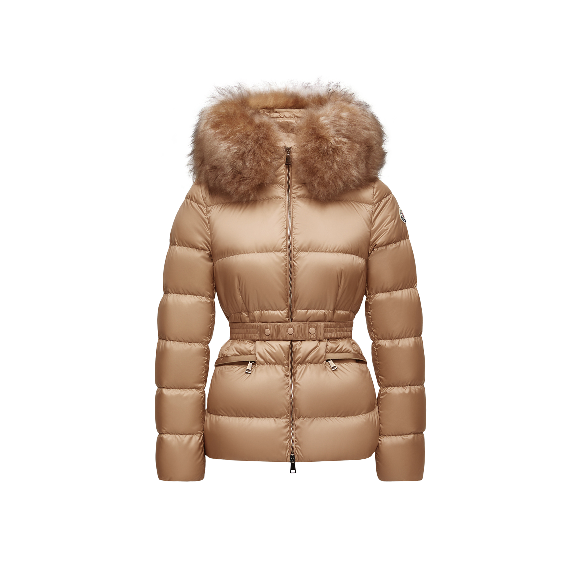 Moncler Boed Hooded Shearling-trimmed Short Down Jacket Beige