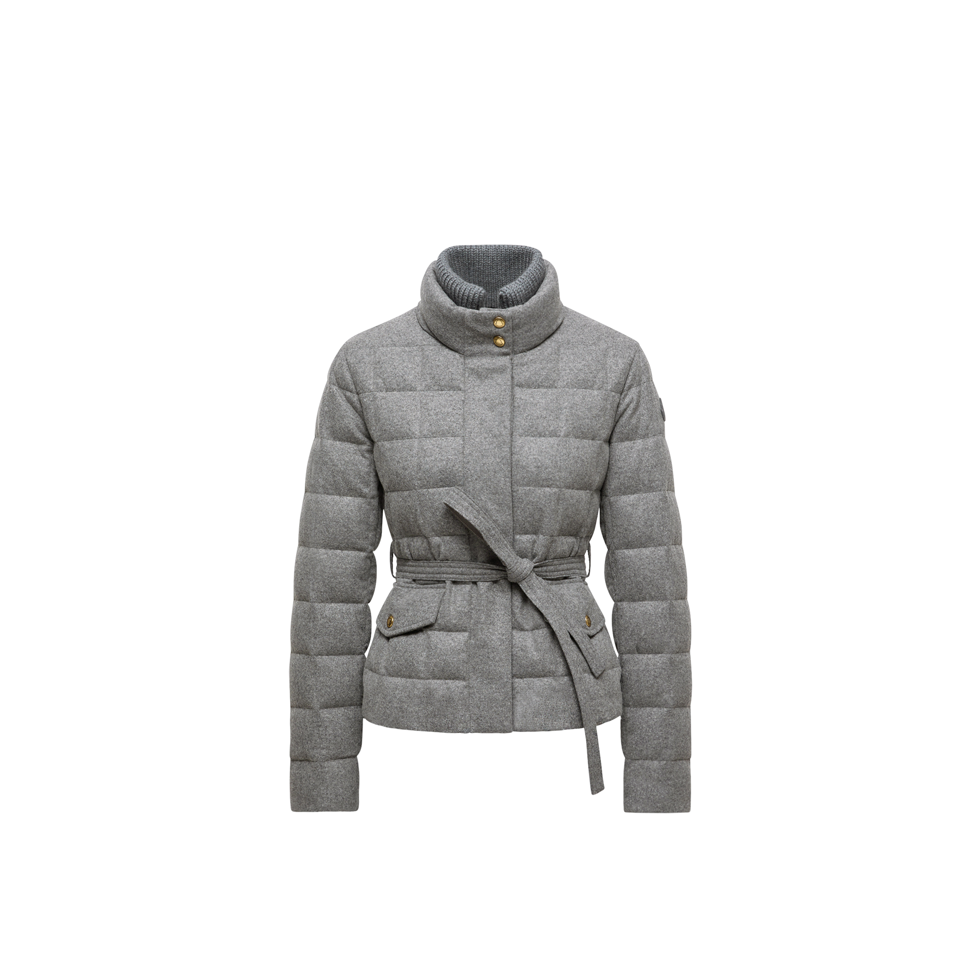 Moncler Women Bussettes Wool Blend Belted Short Down Jacket Grey In Gray